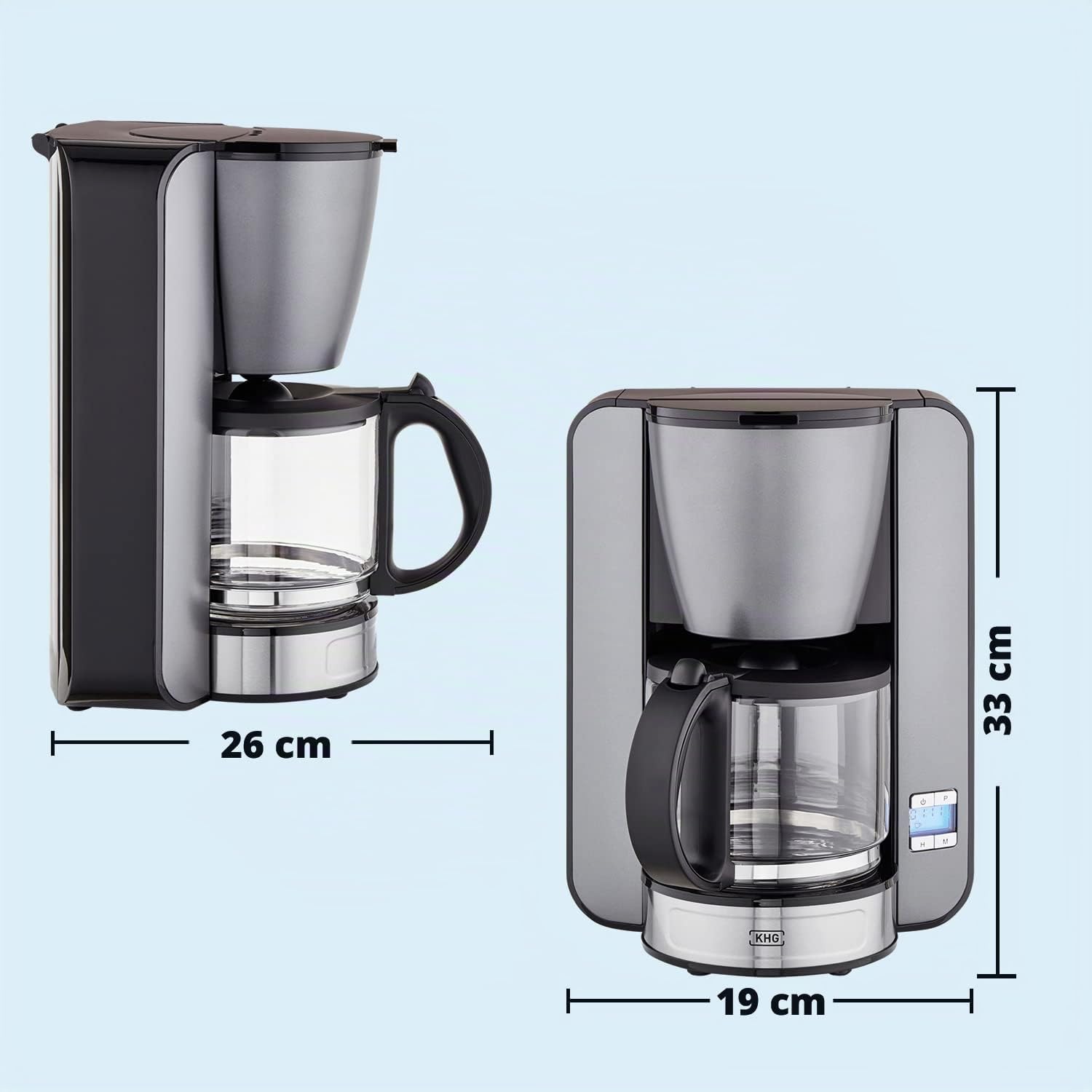 KHG Kaffeeautomat KA-124 (GE) aus Metall in grau, Kapazität für 12 Tassen, mit Glaskanne 1,5 Liter, Warmhalteplatte, Abschaltautomatik, Wasserstandsanzeige, Tropfstopp