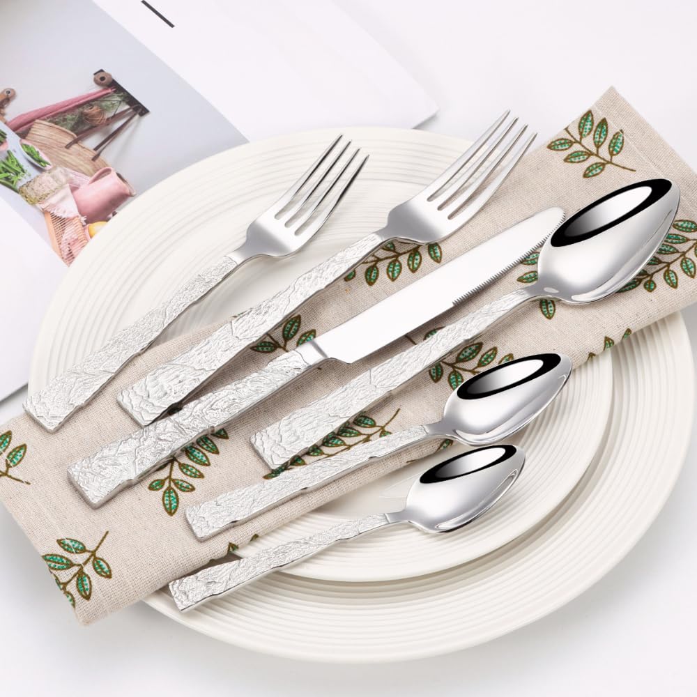 Juego de Cubiertos de Acero Inoxidable con diseño de Piedra en Relieve, Cuchillo, Tenedor y Cuchara, vajilla de Cocina, Cubiertos para Carne, cucharilla (Plata, 24 Piezas)