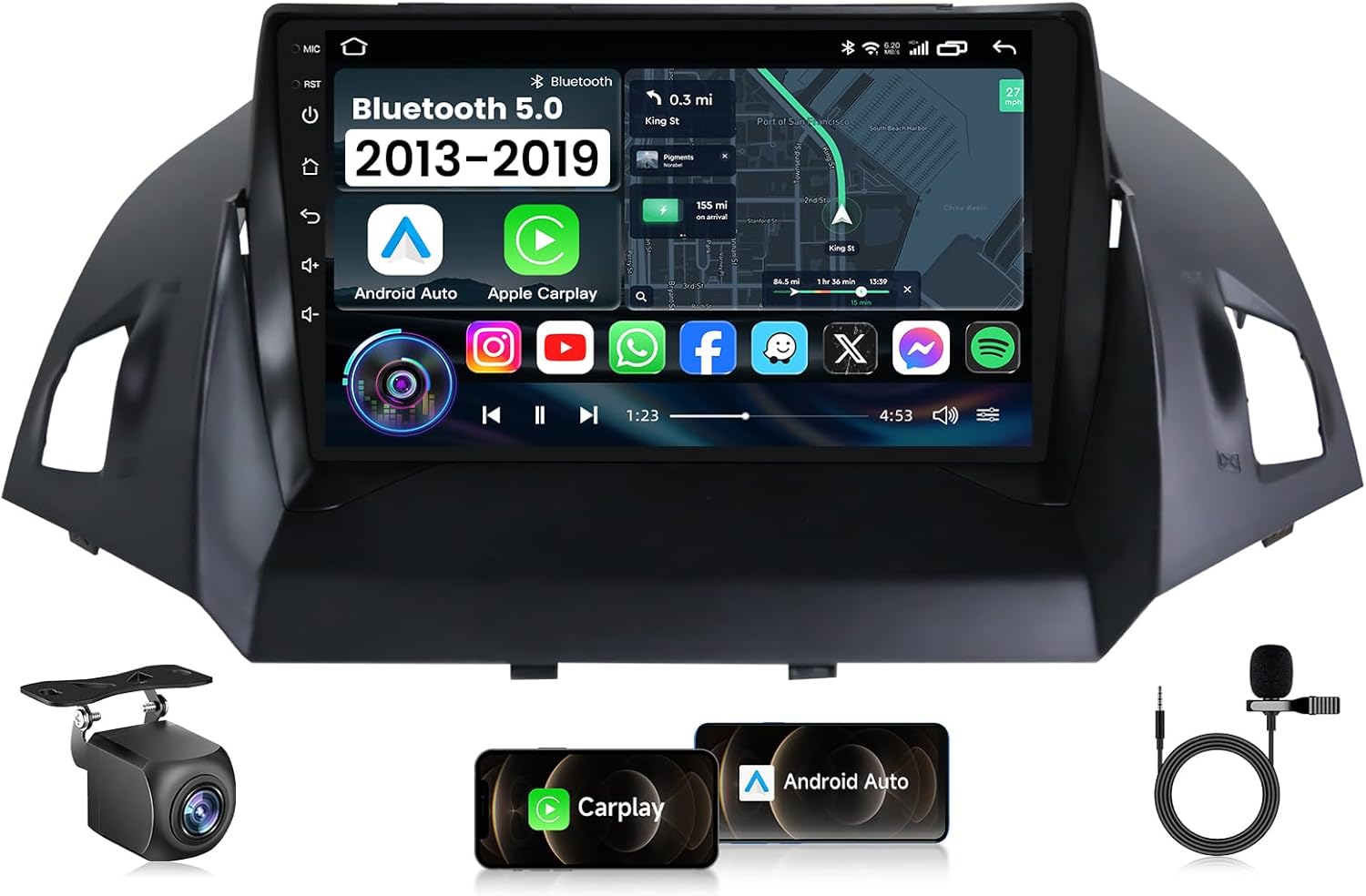 Car Radio for Ford Escape 2013–2019 – Android 13 9" Touch Screen Head Unit (8-Core + 64G ROM) with 5G WiFi, Wireless CarPlay & Android Auto, GPS Navigation, Bluetooth, DSP EQ, HiFi Sound, SWC, Backup