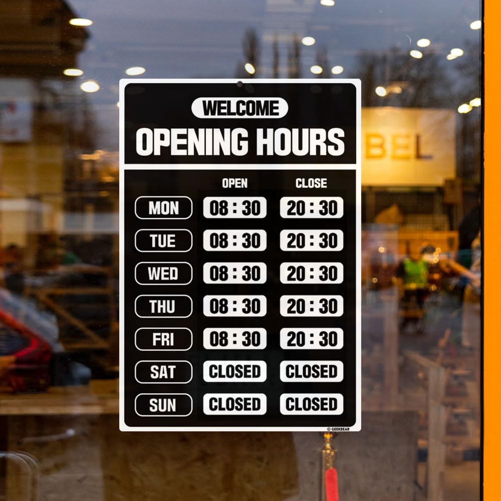 GEEKBEAR Panneau d'heures d'ouverture (Noir) - Panneau d'heure d'ouverture - Panneau d'heures de magasin - Panneaux d'heures d'ouverture pour les entreprises - Panneau ouvert avec heures