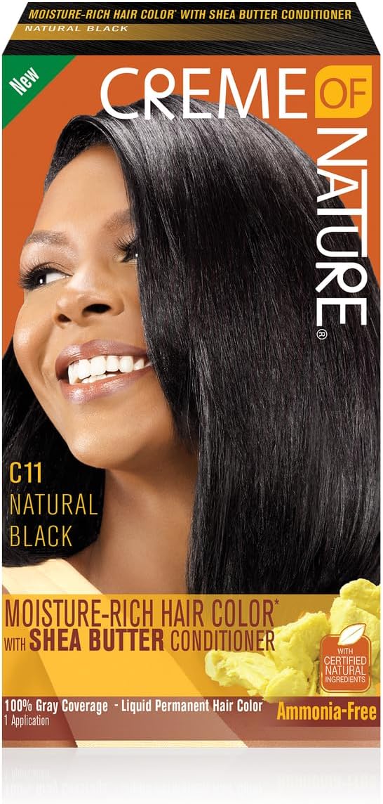 Moisture Rich Liquid Hair Color by Creme of Nature, C11 Natural Black, with Shea Butter Conditioner, 1 Application