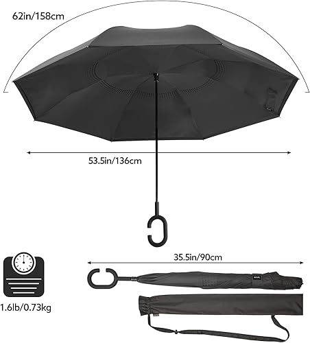 Miniatura 2 de G4Free Paraguas invertido grande de 62 pulgadas con mango en forma de C, resistente al viento, doble capa al revés, paraguas de lluvia para