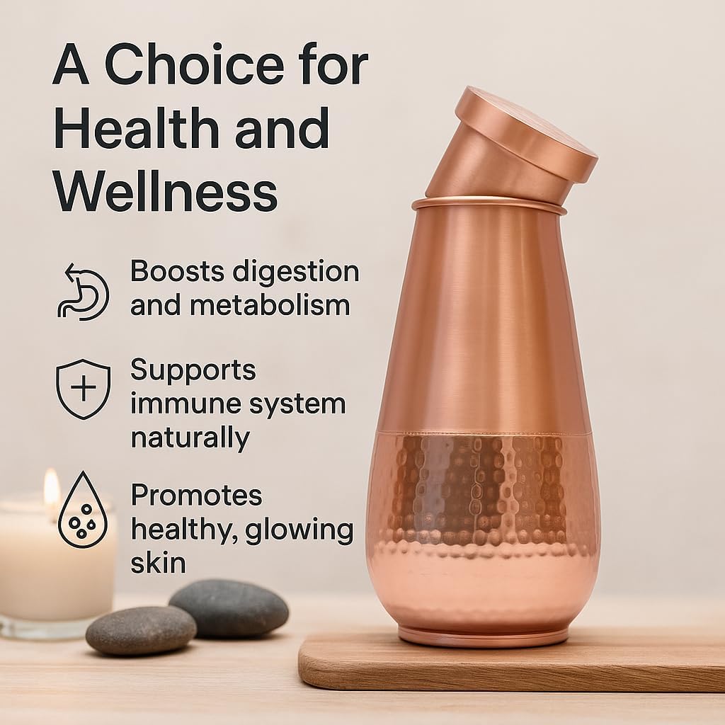Pure Copper Bedside Water Bottle Carafe – 1 Liter (1000ml) | Half Hammered Honeycomb Design | Leak-Proof Copper Bottle for Drinking Water | Ayurvedic Health Benefits | Easy to Clean