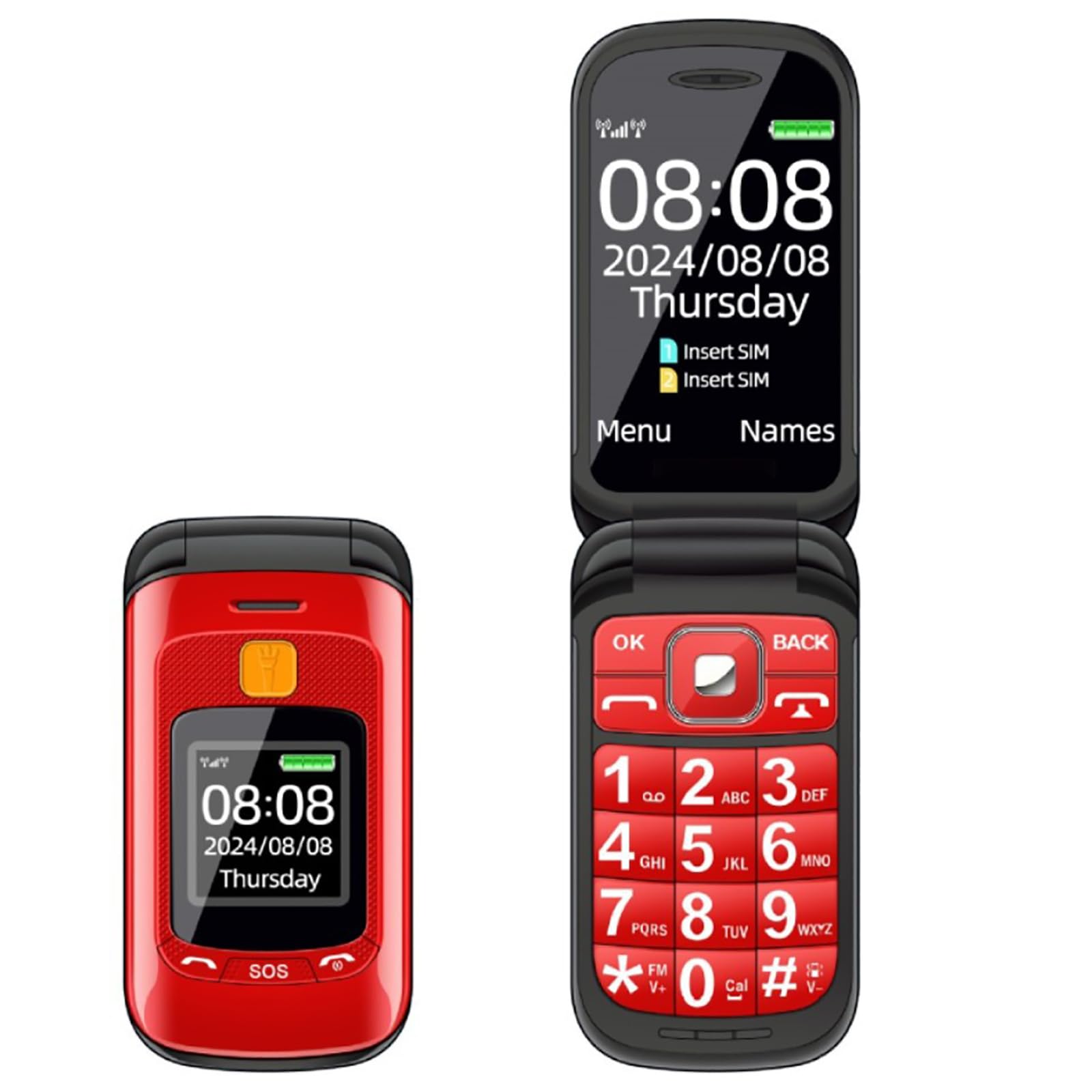 Téléphone portable senior à double écran rouge avec gros boutons - 8