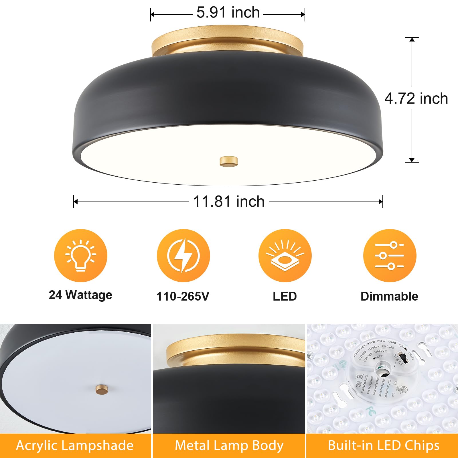 ONESMING Dimmable LED Ceiling Light Fixture, 2700K-6000K 5CCT Modern Mid-Century Semi Flush Mount Ceiling Light, Black Close to Ceiling Lamp for Kitchen, Laundry Room, Bedroom, Hallway, 11.8in
