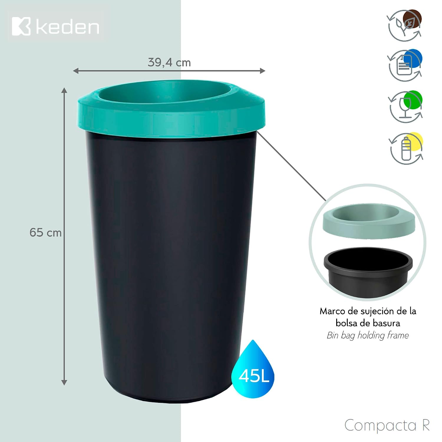 Keden Recycling bin 45L in Plastic with Practical Open lid in Yellow.