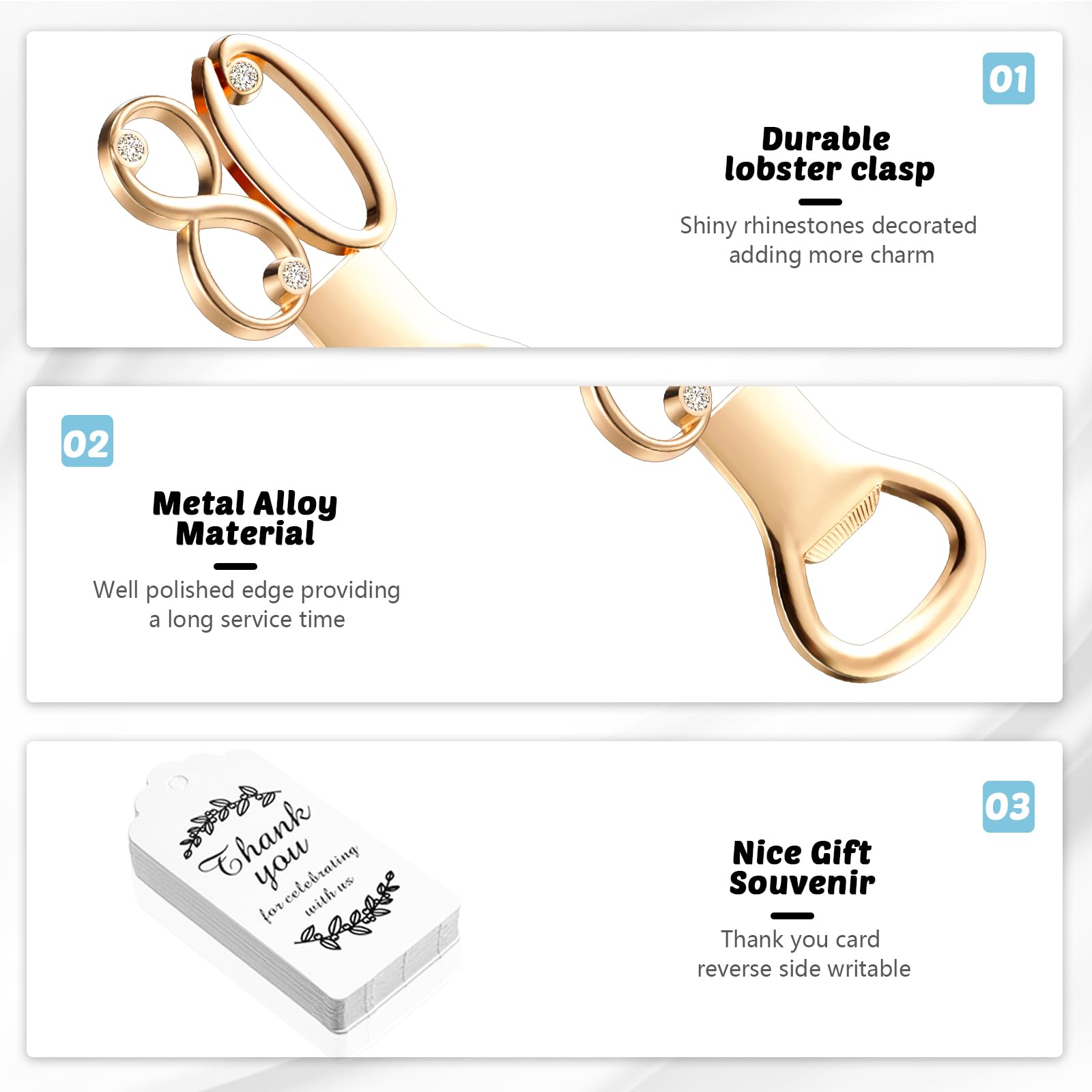 Set di 50 apribottiglie dorati, per feste di compleanno, con sacchetti in organza trasparente, etichette di ringraziamento, compleanni, matrimoni, anniversari, souvenir, bomboniere, decorazioni per