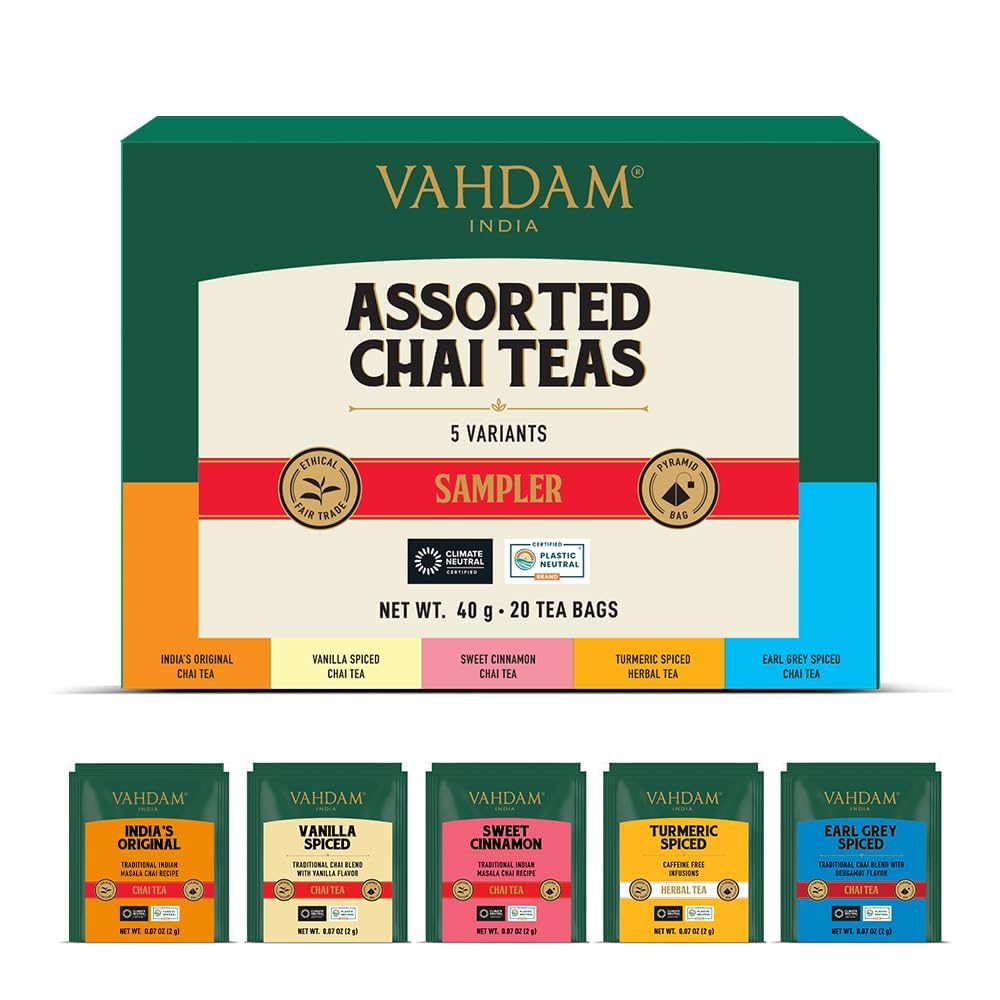 Assorted Chai Tea Bags Sampler (5 Flavors, 20 Ecofriendly Pyramid Tea bags) I Gift Ideas for Women & Men | Masala Chai Tea Varieties from India | Gluten Free & Non GMO | Gifts for Him/Her