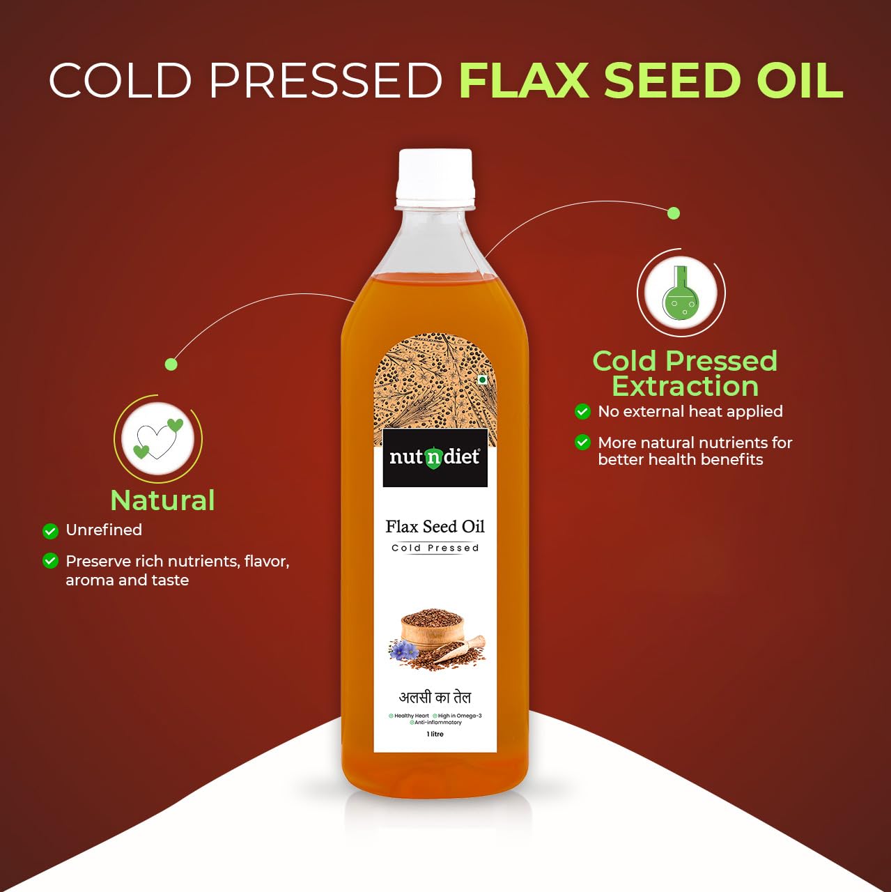 nutndiet Cold Pressed Flaxseed Unrefined Oil 100ml Glass Bottle | Alsi Ka Tel | Pure Omega 3-Rich for Heart Health & Immunity | Multipurpose Oil - Image 3 thumbnail