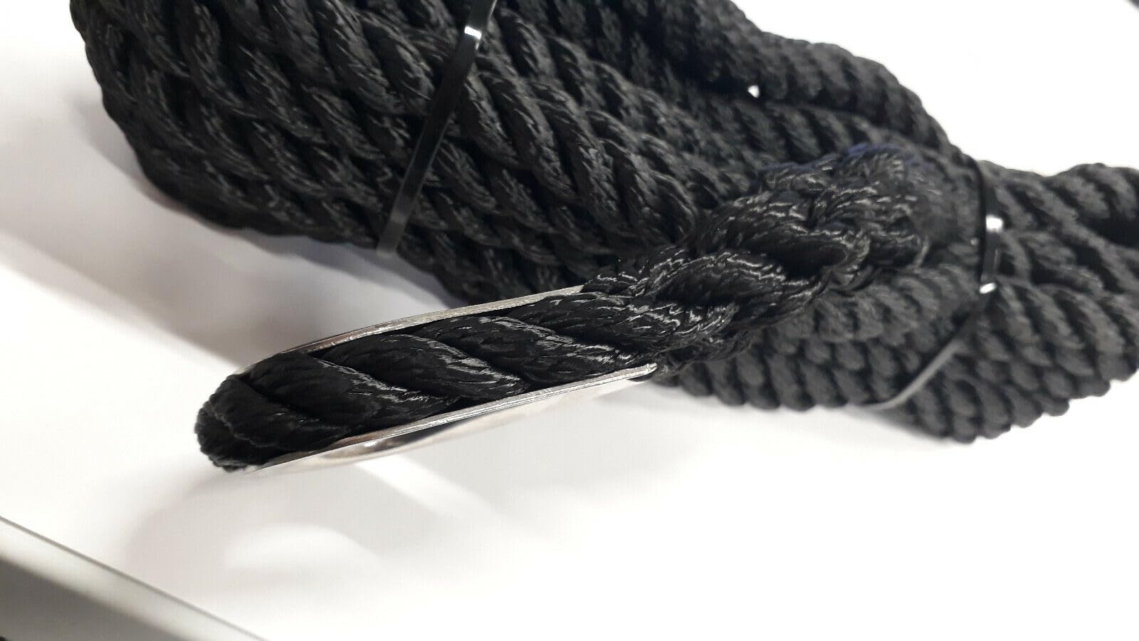 Corde Amarre Diamètre 12mm Bout Longueur 6 mètres Noir Cosse Coeur INOX Epissure Haute Résistance Bateau