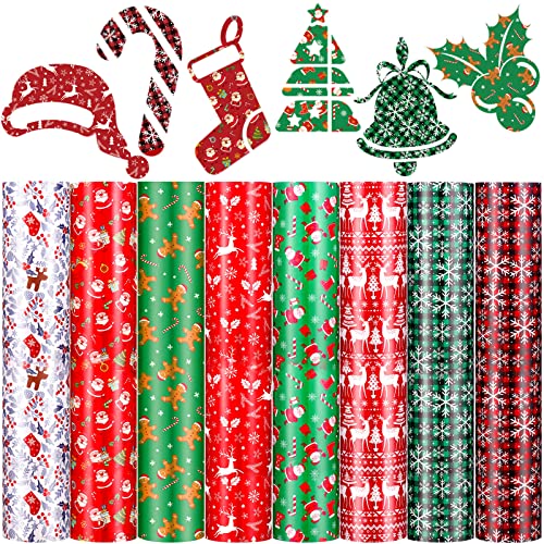 Chinco 8 Sheets Christmas Heat Transfer Vinyl 12 x 10 Inch Santa Claus Reindeer Snowflakes Pattern Permanent Vinyl Cute Iron on Decals Patches Appliques Decals for Clothes Bag Pillow Covers DIY Decor