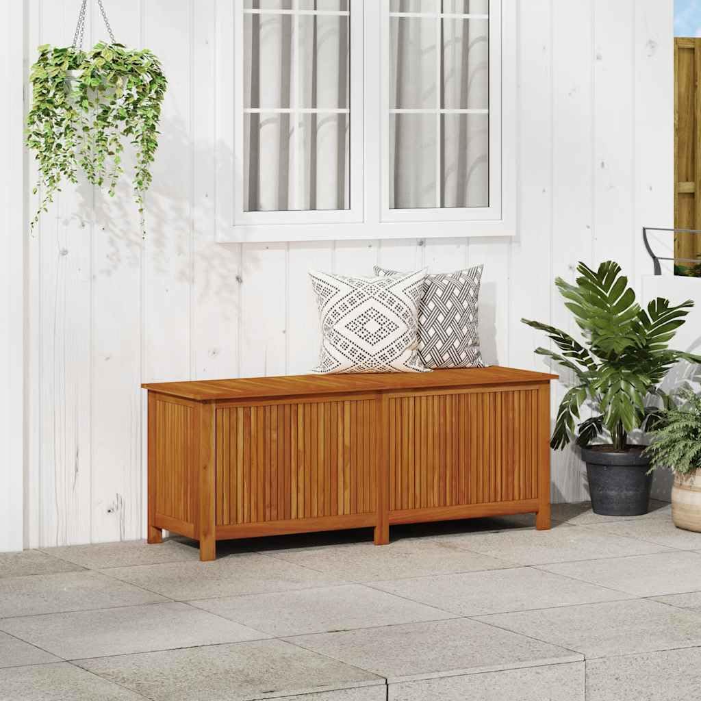 Caja de almacenamiento de jardín de 150 x 50 x 58 cm, caja de madera maciza de acacia con muelle de gas – Caja grande de madera con bolsillo interior impermeable para jardín terraza exterior