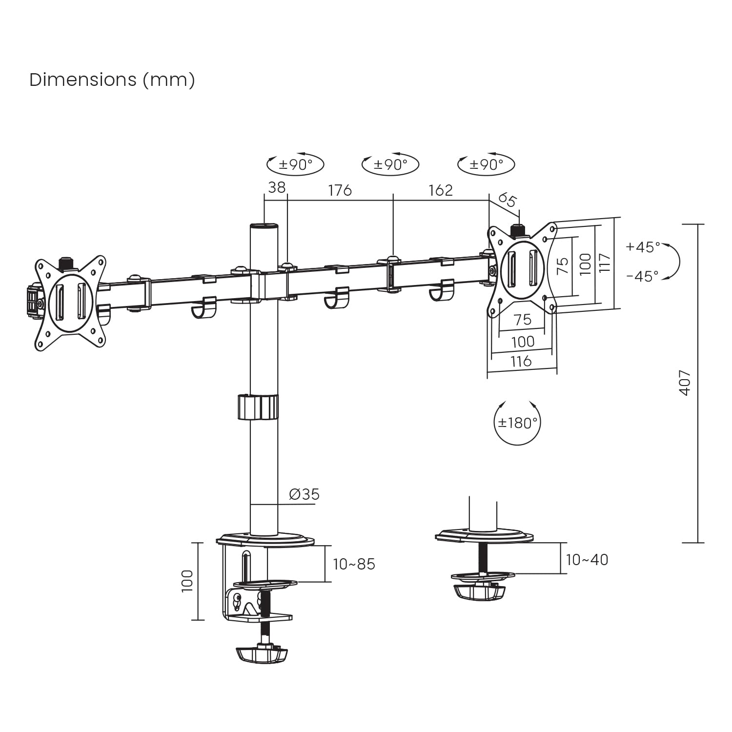 Maclean MC-754N uchwyt biurkowy do 2 monitorów VESA 75 x 75 i 100 x 100, 17–32", 2 x 9 kg