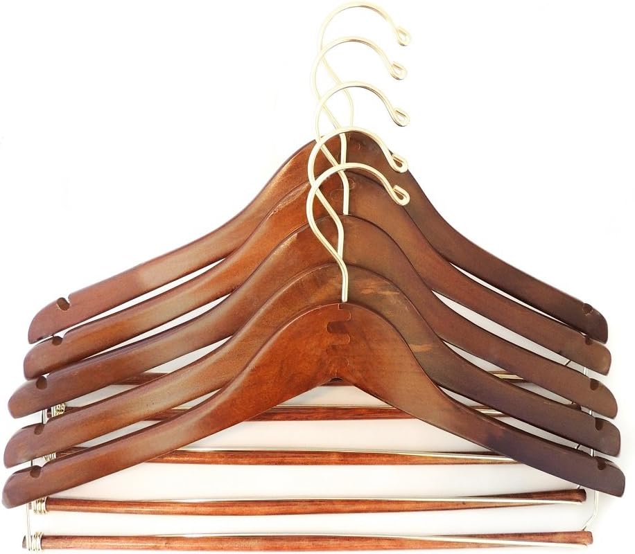 Quality Hangers Wooden Hangers Beautiful Sturdy Suit Curved Hangers Great for Travelers Heavy Duty Coat Hanger with Locking Bar Gold Hooks (5 Pack)