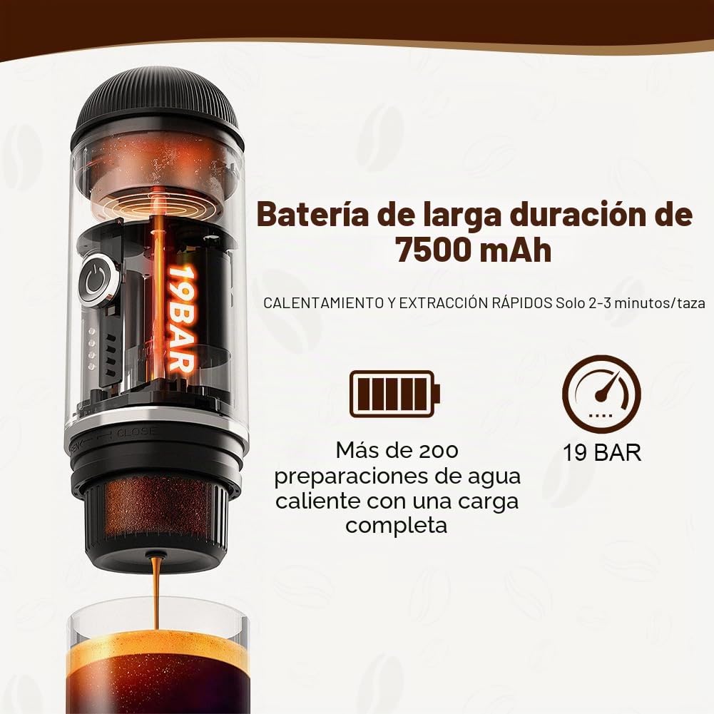 HOTUT Máquina de espresso portátil, 19 bares de presión Máquina de espresso portátil eléctrica con autocalentamiento, 12 V máquina de espresso de viaje pequeña para camping y coche, USB-C recargable