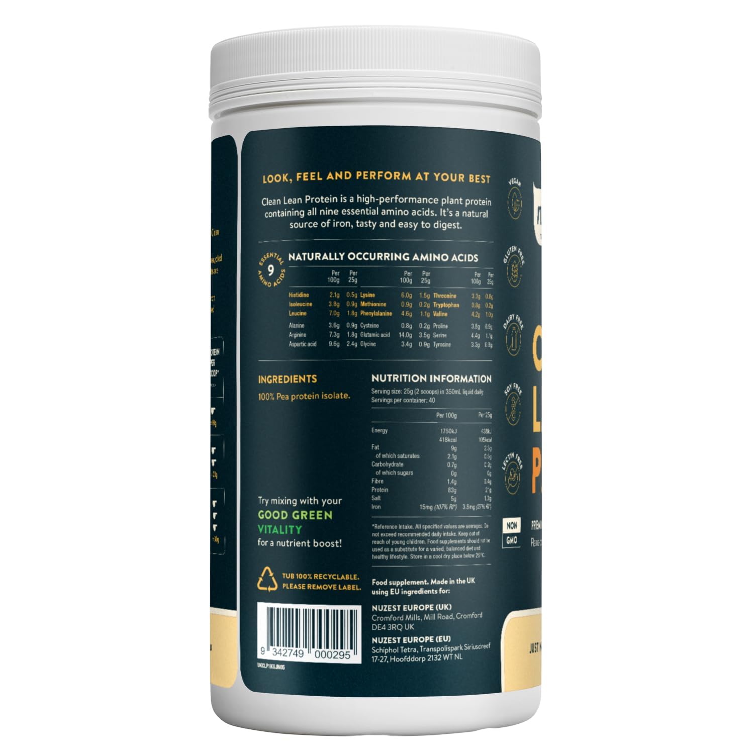Nuzest - Erbsenproteinpulver - Clean Lean Protein - Vanille - Veganer Proteinshake - Pflanzenbasiert, Kalorienarm & Kohlenhydratarm - Laktosefrei - Glutenfrei - Milchfrei - 1kg (40 Portionen)