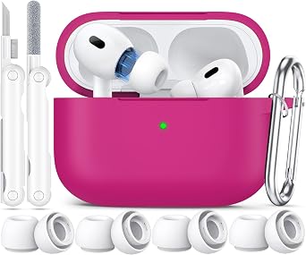 Compatible with Airpods Pro 2 Case 2023/2022/2019 with Cleaner kit,Silicone Protection AirPod Pro Case with Ear Tips for Women Men,Airpods Pro 2nd/1st Generation Cover with Keychain,Hot Pink