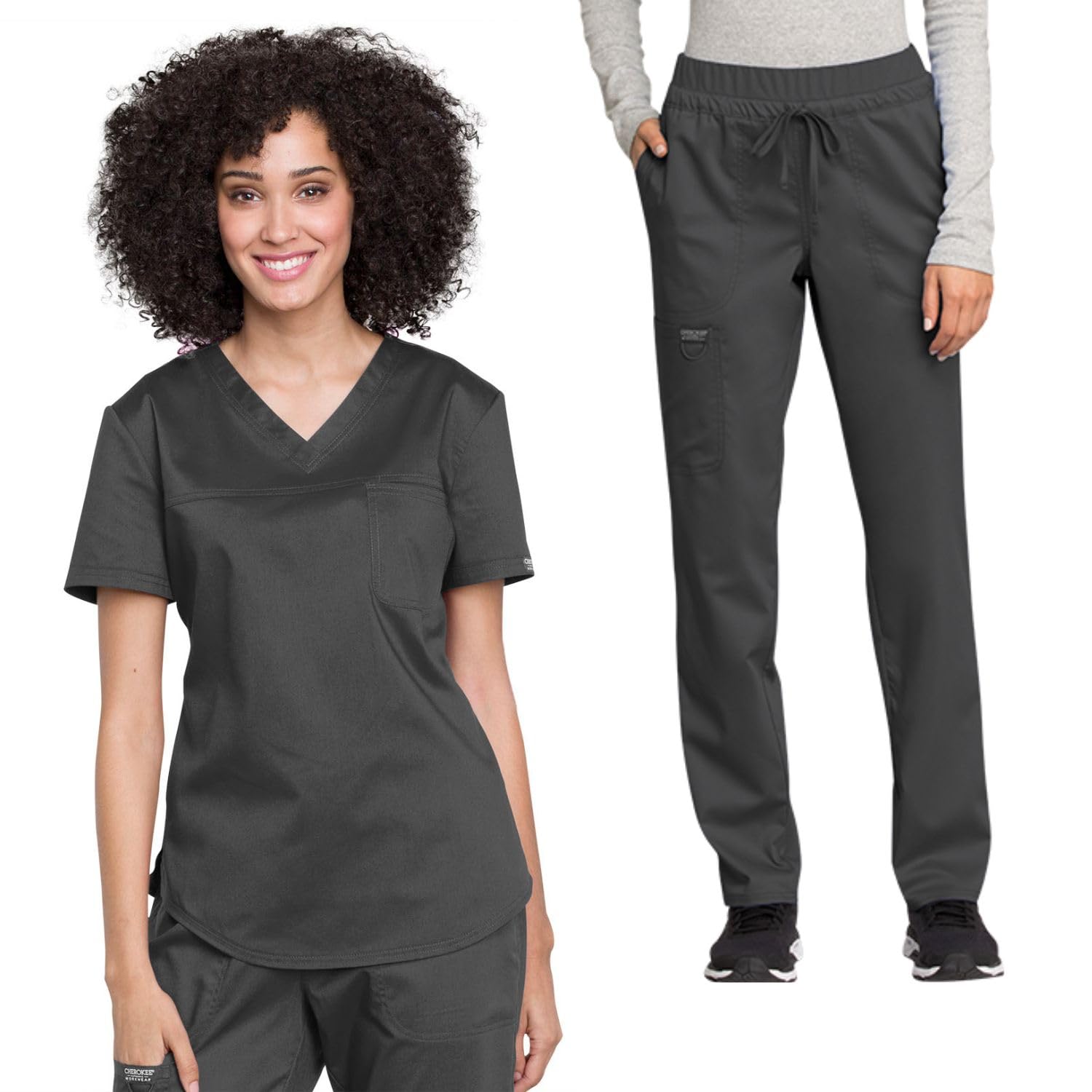 Cherokee WW657 - Conjunto de ropa quirúrgica para mujer con cuello en V y pantalón médico de tiro medio con cordón de pierna cónica WW105, peltre- XS Top/XS