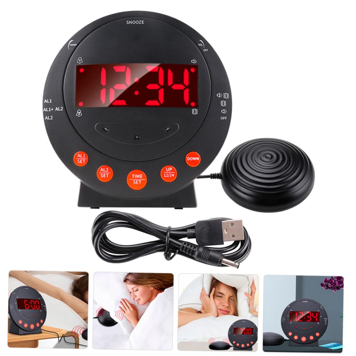 ERINGOGO Digitaler Vibrationswecker Starker Bettwecker für Senioren Lauter Wecker für Gehörlose mit USB Kabel Einstellbare Helligkeit