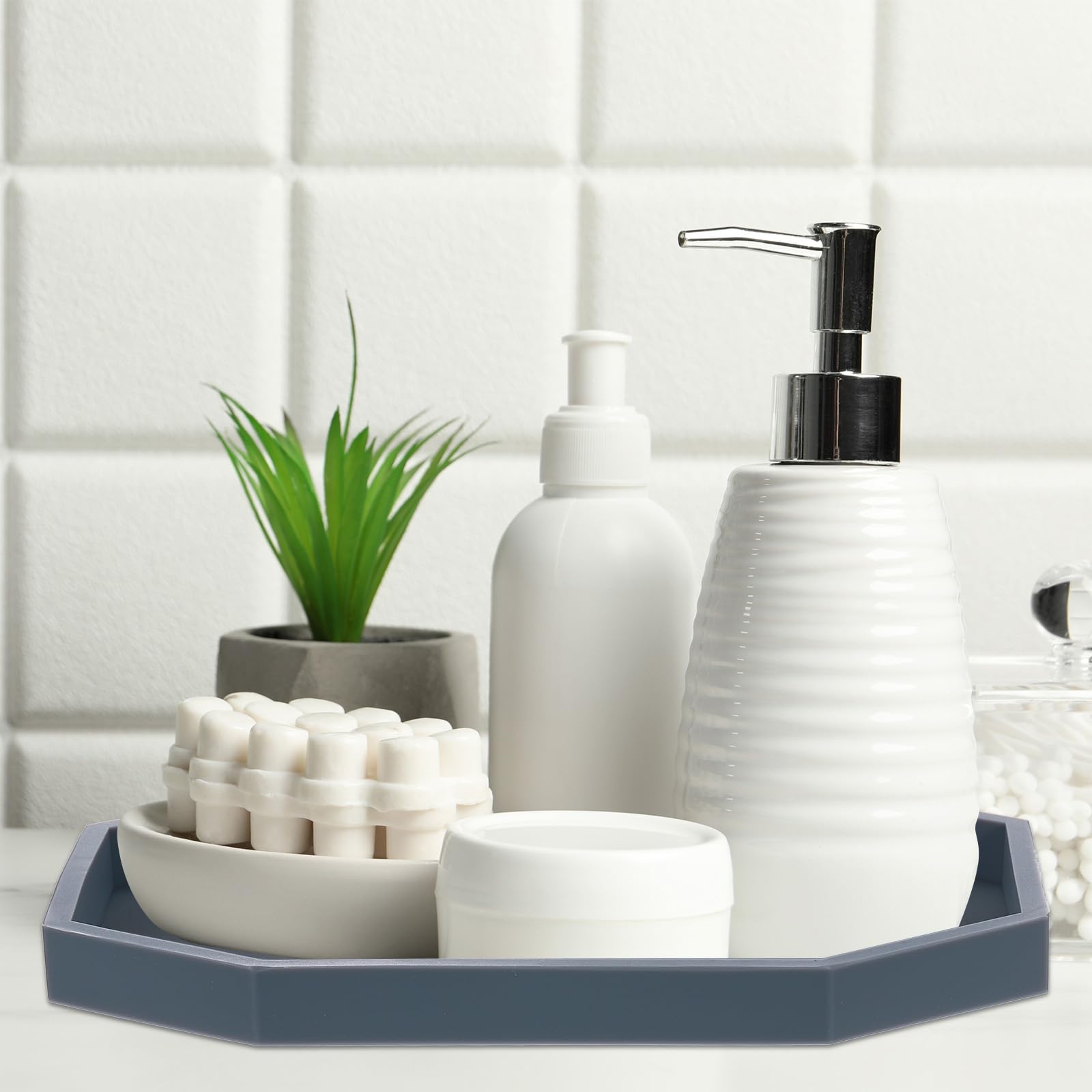 QUARKZMAN Vassoio Per Bagno 20 X 15 Cm Ottagonale In Silicone Per Sapone Portaoggetti Antiscivolo Antiurto Bianco Per Candele Chiavi Trucco