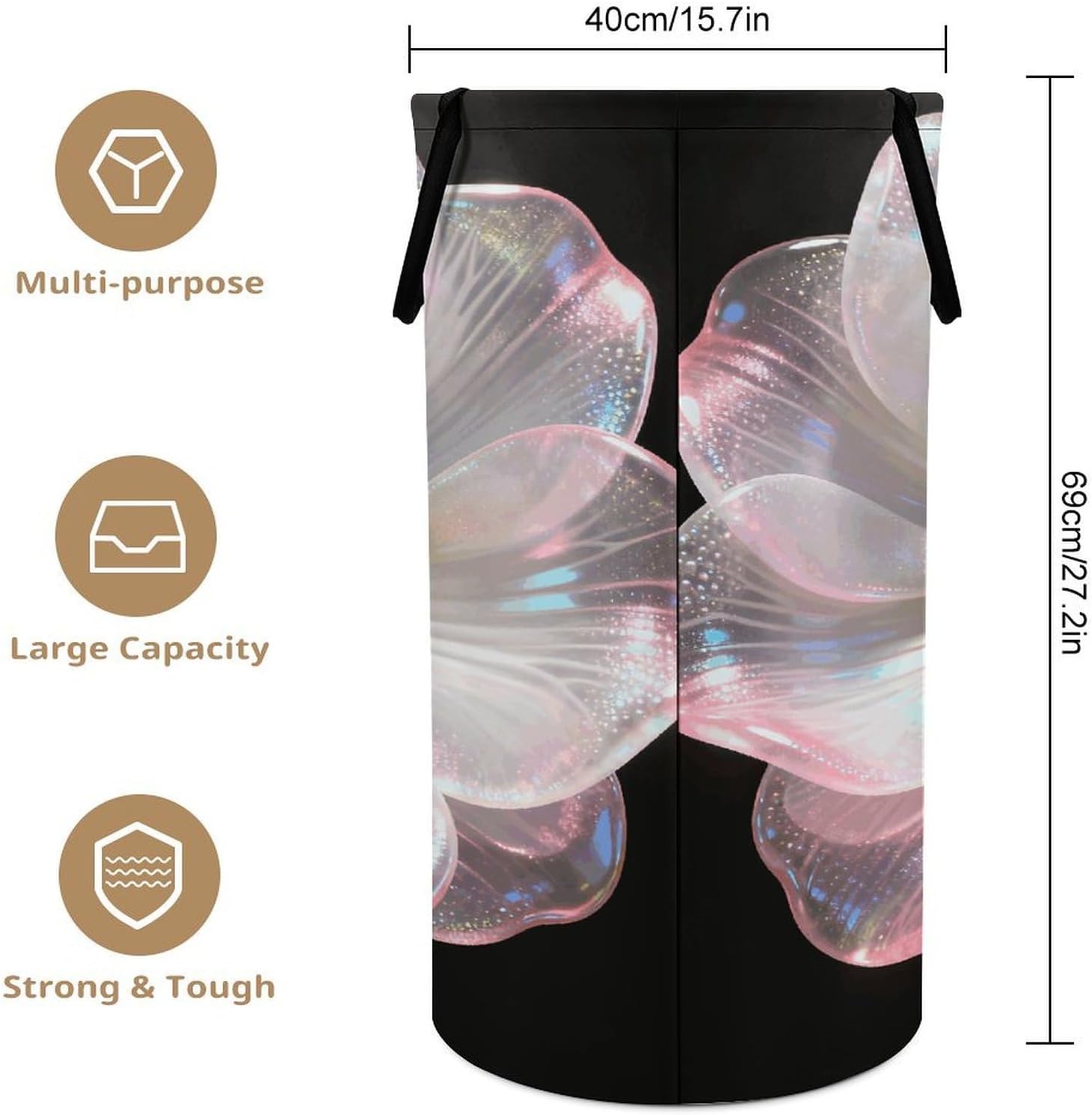 Glazed Fantasy Blossom Laundry Hamper with Handles Waterproof Collapsible Laundry Basket Large Lightweight Round Dirty Clothes Hamper for Home Dorm Bathroom Decor