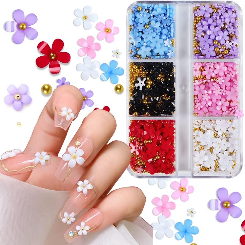 3D Flower Nail Charms for Acrylic Nails Cherry Blossoms Nail Rhinestones Colourful Flower Nail Decorations with Pearl Golden Metallic Beads Spring Design Nail Artwork Provides for Girls Ladies Manicure Decor