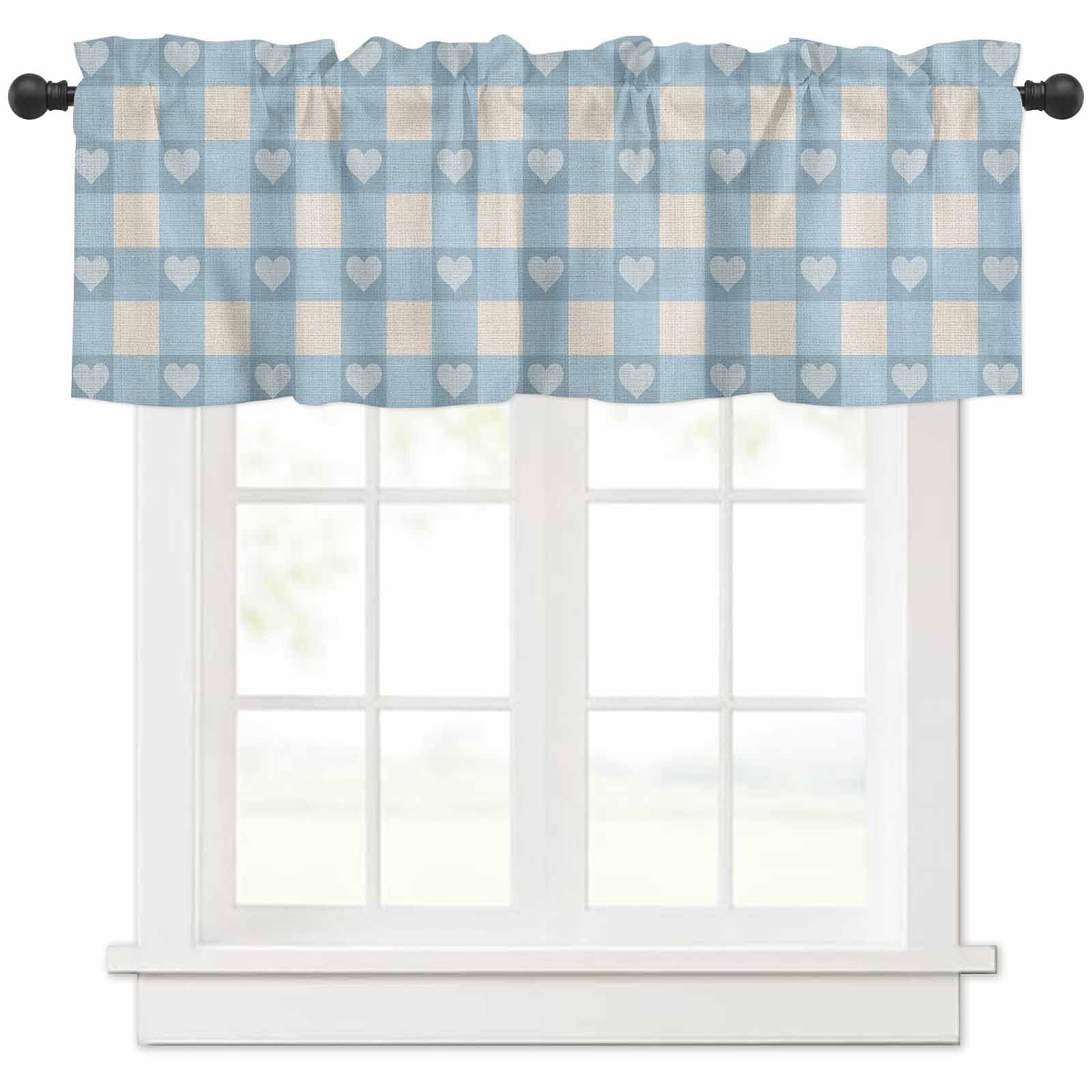 Anzona Blue Plaid Curtain Valance 42" x 18", Country Cute Love Pastoral Heart Lattice Window Valances Rod Pocket Curtains Drapes, Short Topper Curtain