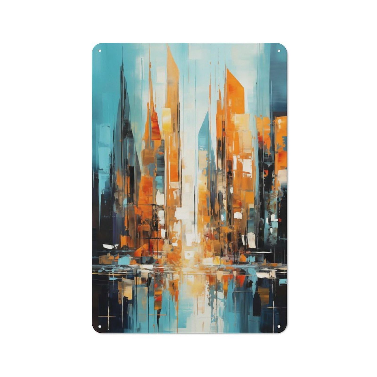Metal Wall Art Sign with Abstract Cityscape Painting Design 30x20cm, Modern Retro Urban Room Decor for Workspace, Cafe, Hallway Or Garage