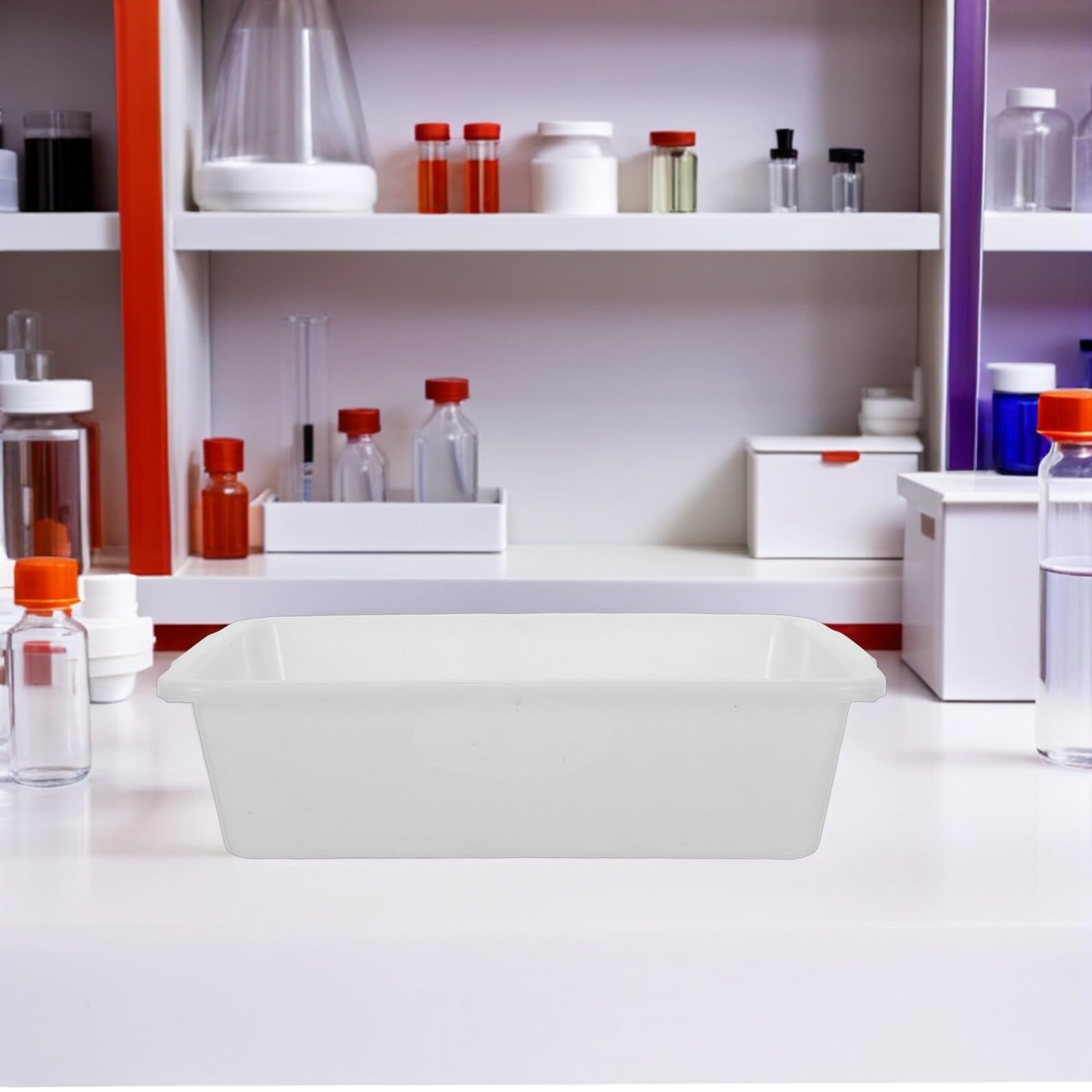 4 Pièces Plateau Rectangulaire en Plastique Blanc Résistant aux Produits Chimiques pour Expériences en Laboratoire, Bac Étanche pour Échantillons et Substances Diverses, Dimensions