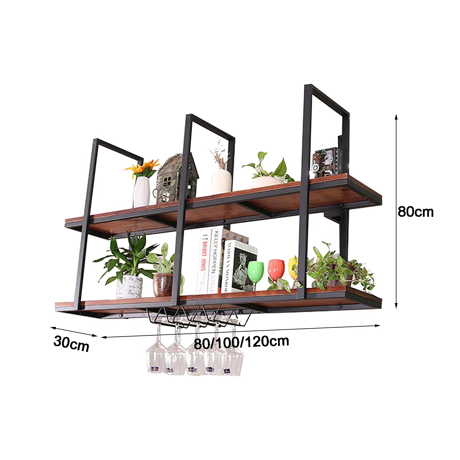 Ceiling Shelf Hanging Shelf, Ceiling Mount Wine Rack with Glass Holder and Shelf, 2- Layer Industrial Storage Rack Wood Shelves, Simple Assemble, for Bar, Restaurant, Kitchen (Size : 100 * 30 * 80cm)