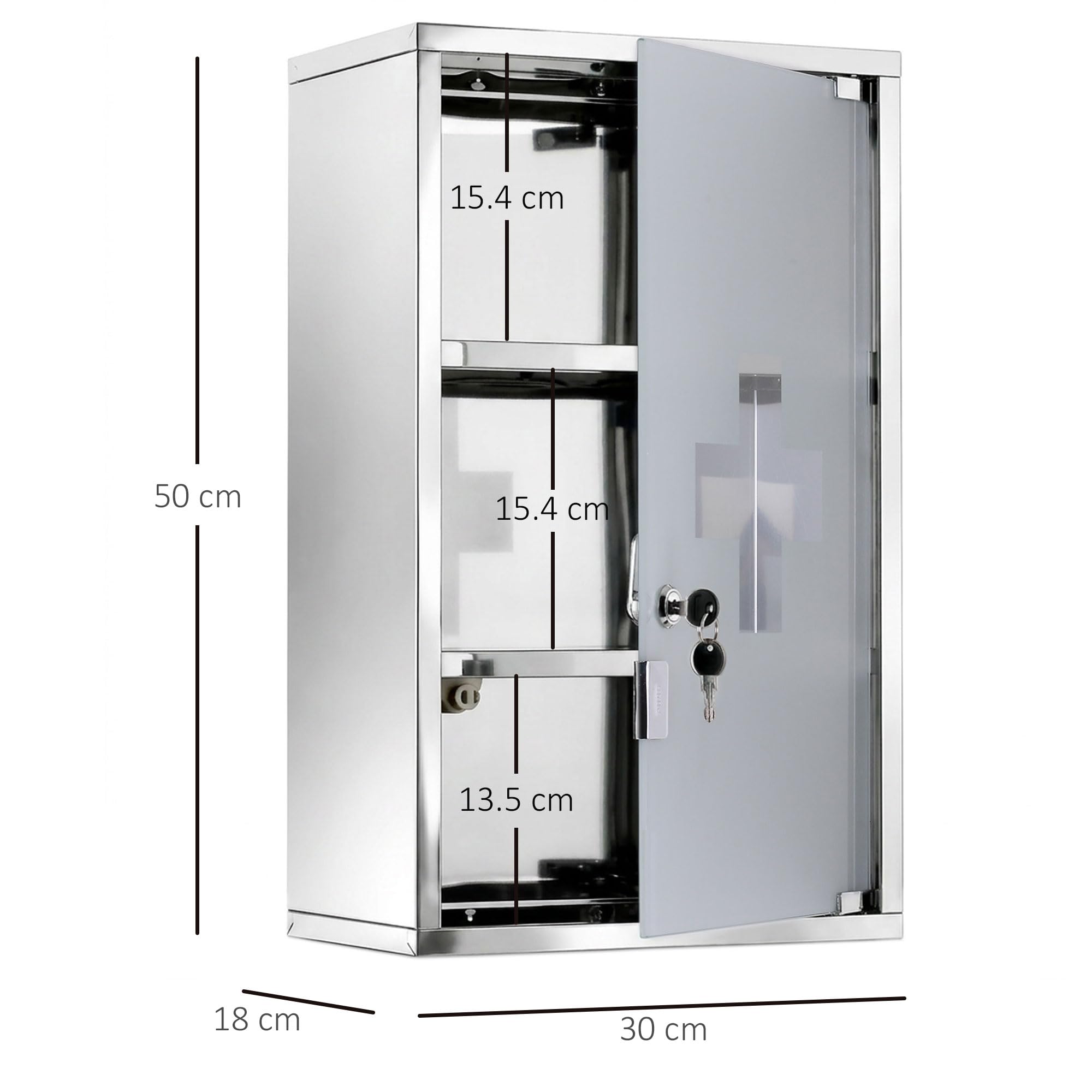 HOMCOM Armadietto medicinali 50x30x18cm Cassetta mobile bagno primo soccorso in acciaio inox con serratura