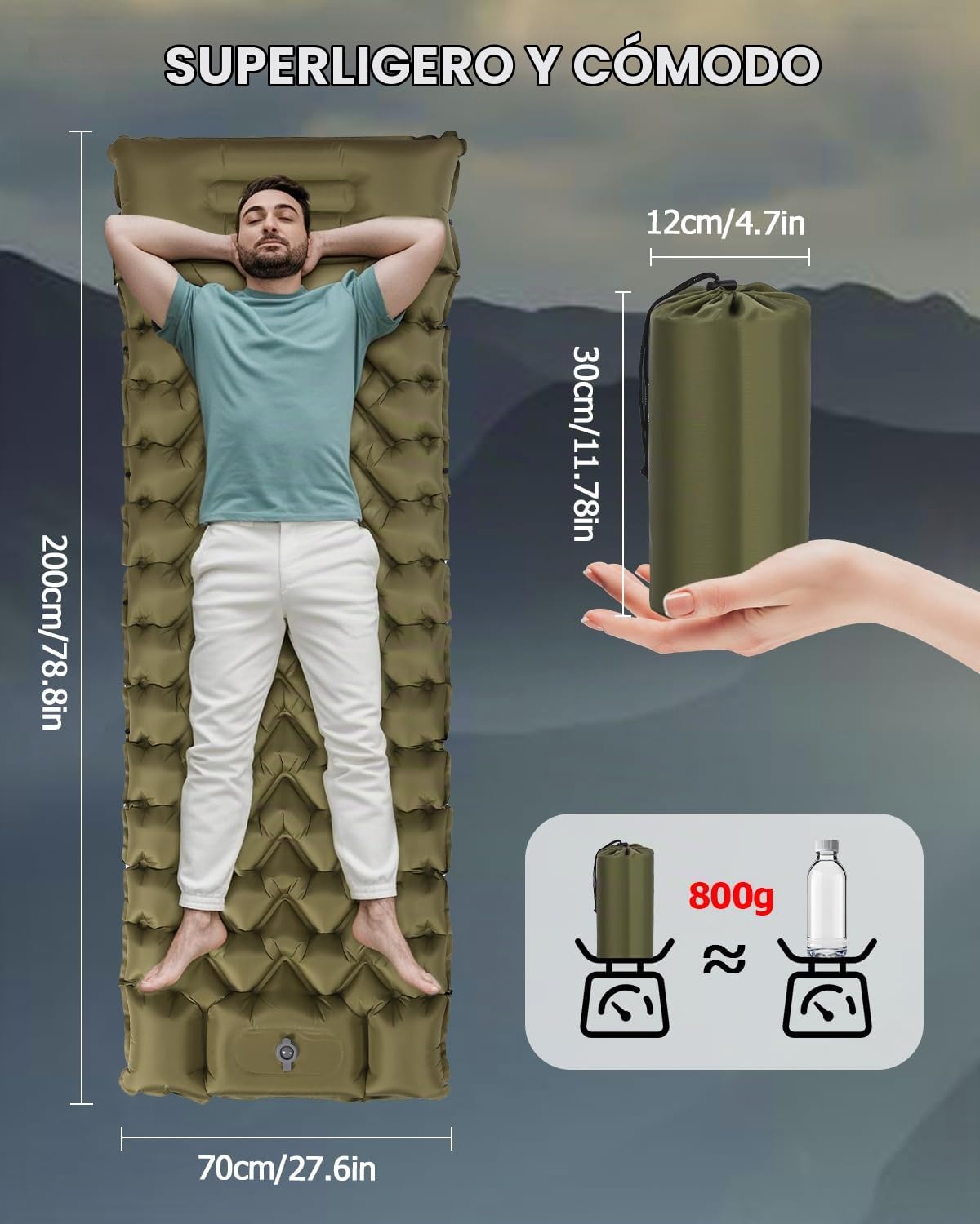Colchón Autoinflable para Camping,Colchón Camping Ultraligero Inflable con Almohada Esterilla Portátil Inflable para Acampada de Acampada para Senderismo Mochilero Vacaciones Playa Verde