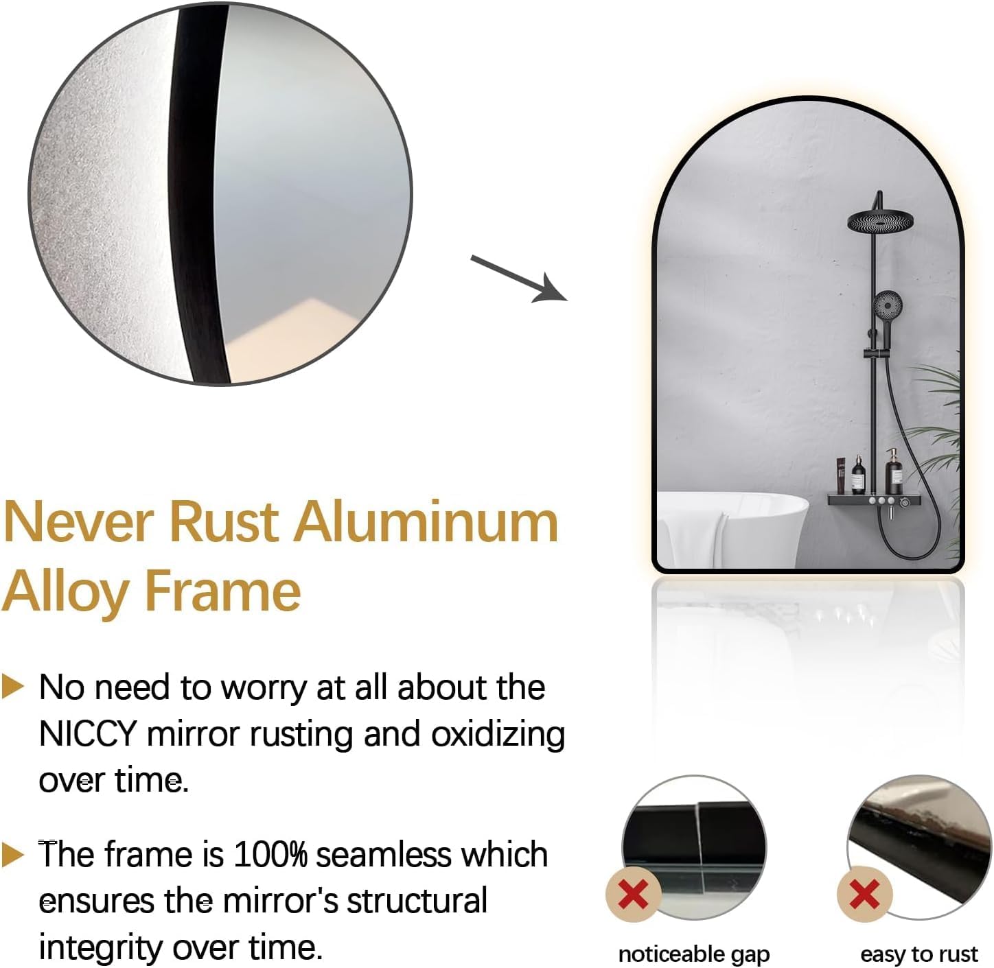 Niccy Arched LED Lighted Bathroom Mirror, 48x30 Inch Backlit Vanity Bathroom Mirror with Lights Brushed Black Framed Wall Mounted Mirrors with 3 Color Shatterproof Arch Smart Fog Free Mirror