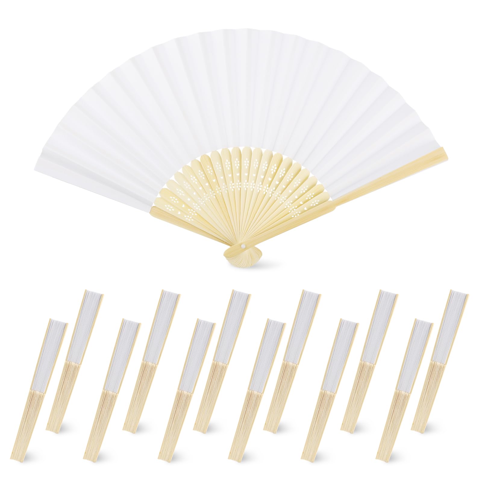 Doouble 12 Packs Paper Folding Hand Fans Foldable, 8.3 Inch White Paper Fans Handheld Accessories for Wedding, Outdoor Party, Bridal Shower, Graduation, DIY Favors
