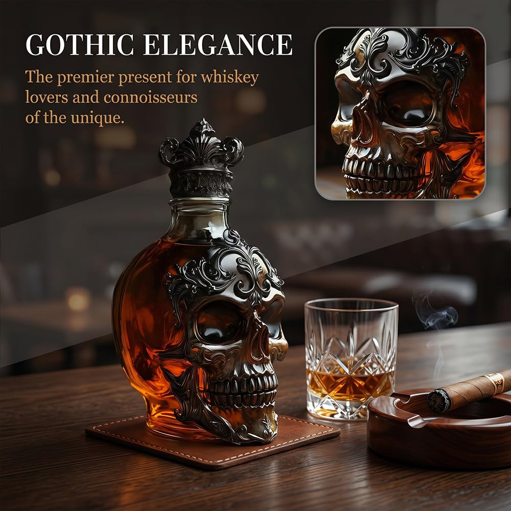 Botella de vino de cristal con cabeza de esqueleto con tapón, regalo para hombres y mujeres, botella de decoración de calavera, regalo para góticos y amantes