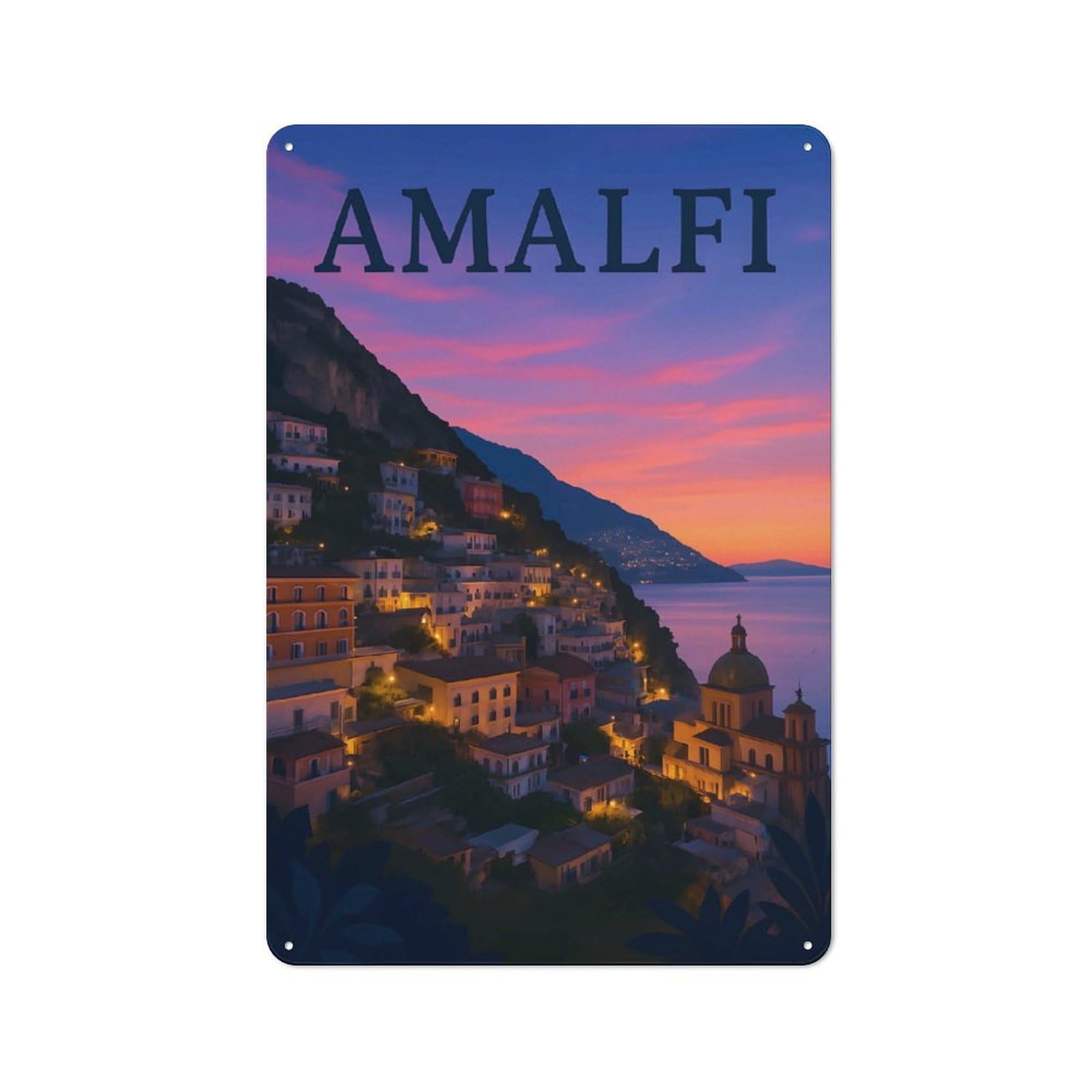 Junmoney Style-3 Metal Gift Sign With Amalfi Coast At Sunset(2) Design 30X20cm, Character Room Wall Plaque For Flat, Dorm Room, Lounge Or Cafe