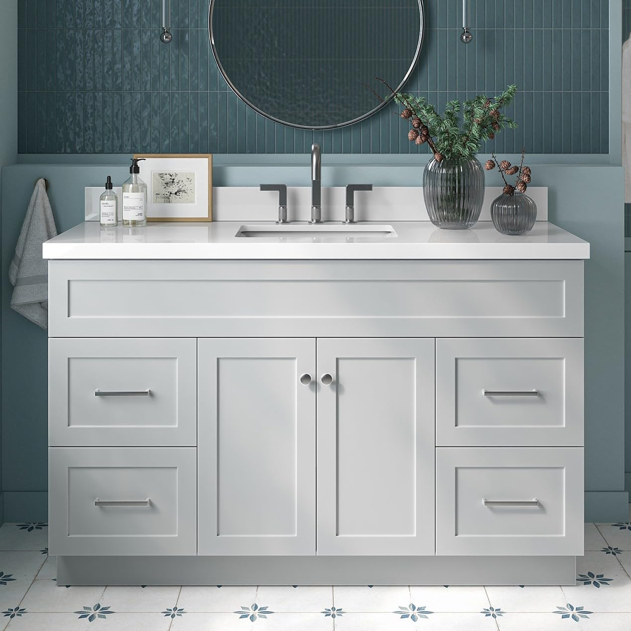 ARIEL 55" Grey Bathroom Vanity 1.5" Edge Pure White Quartz Countertop & Splash, Rectangular Sink, 2 Soft Closing Doors, 4 Full Extension Dovetail