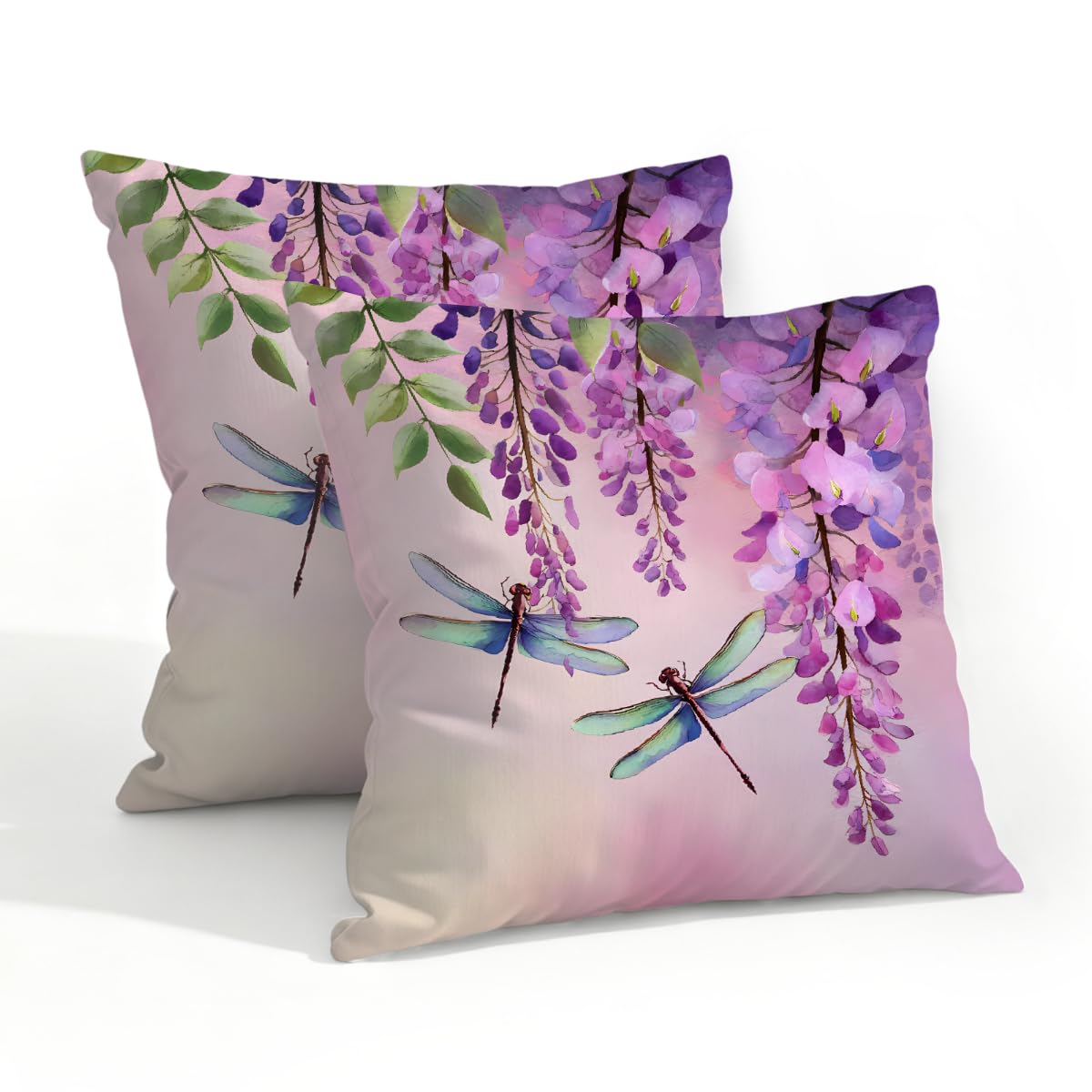 Outdoor Pillow Covers Waterproof Pillowcases 20x20in Set of 2 Purple Wisteria Floral Vines Dragonfly Decorative Throw Cushion Case for Couch Sofa Garden Patio Furniture
