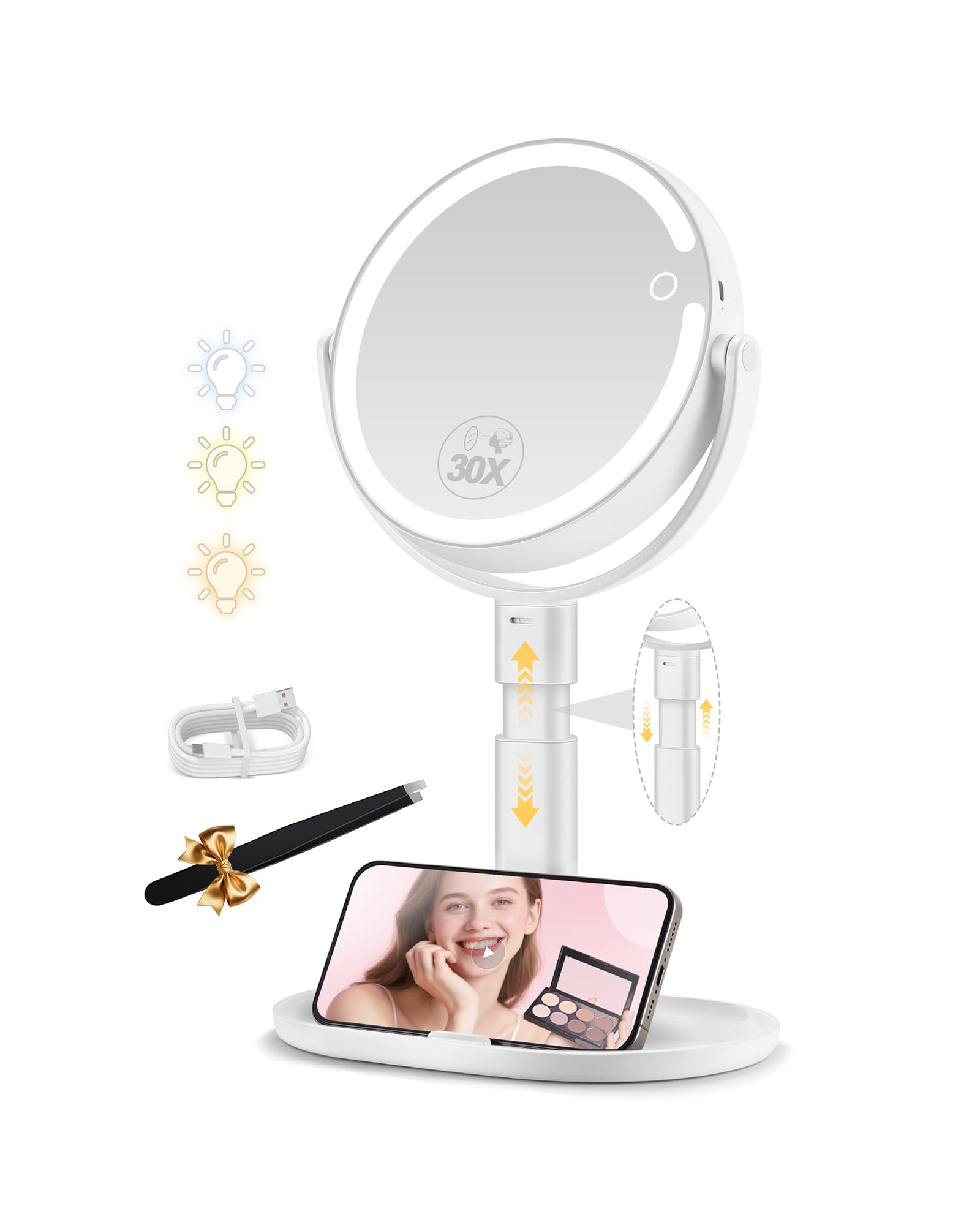 MOMOKUBA Makeup Mirror with Light, 30X Magnifying & Height Adjustable, Magnifying Mirror with Light 3 Lighting Modes and Stepless Dimming, Vanity Mirrors for Bathroom, Birthday Gift for Women, White