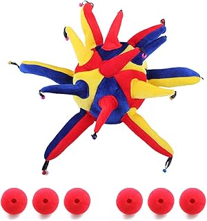 Multicolor Velvet Spike Jester Hat with Bells and 6 Pcs Sponge Clown Noses for Halloween Christmas Party
