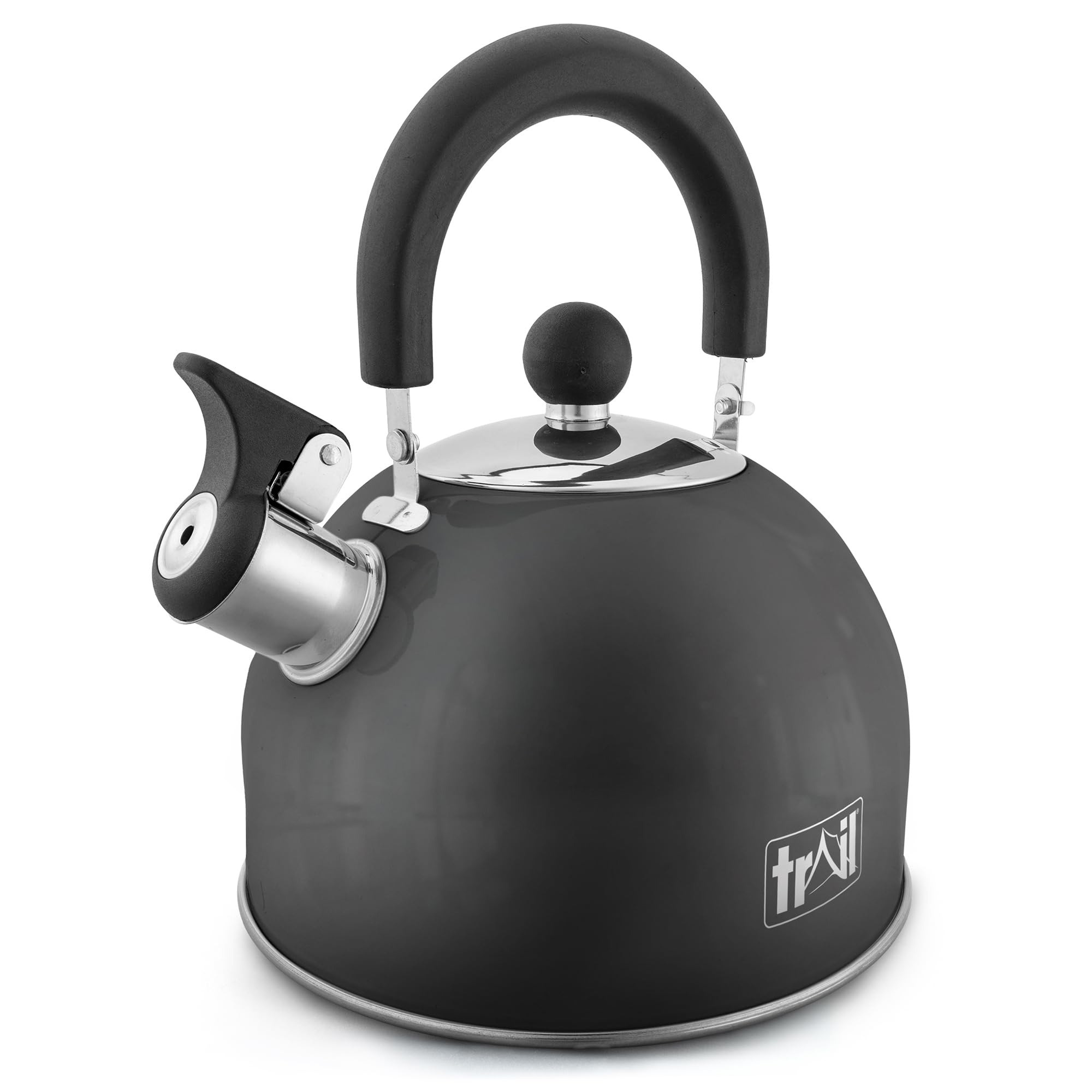 Trail 2L Whistling Camping Kettle, Polished Stainless Steel, Durable Lightweight, Easy Pour Spout, Folding Heat Resistant Handle, Fast Boil Travel, Outdoor Fishing Hiking, 15cm x 18cm, 0.42kg (Black)