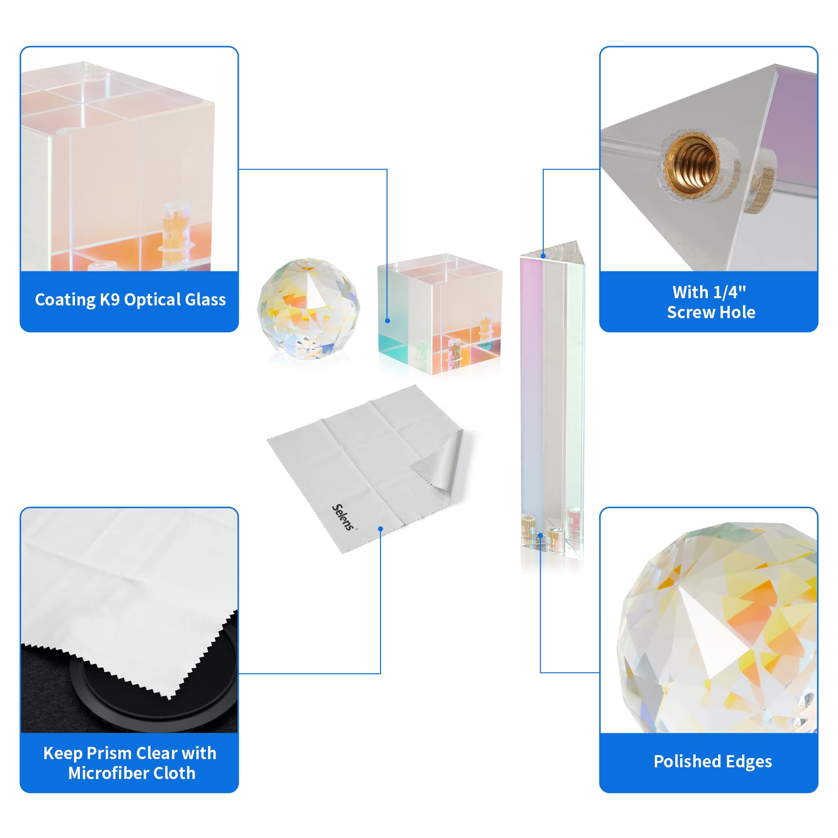 Selens 3 unidades de prisma para fotografía de cristal con orificio roscado de 1/4 pulgadas, óptica, crea un ligero efecto arcoíris para fotógrafos de estudio, fotografía