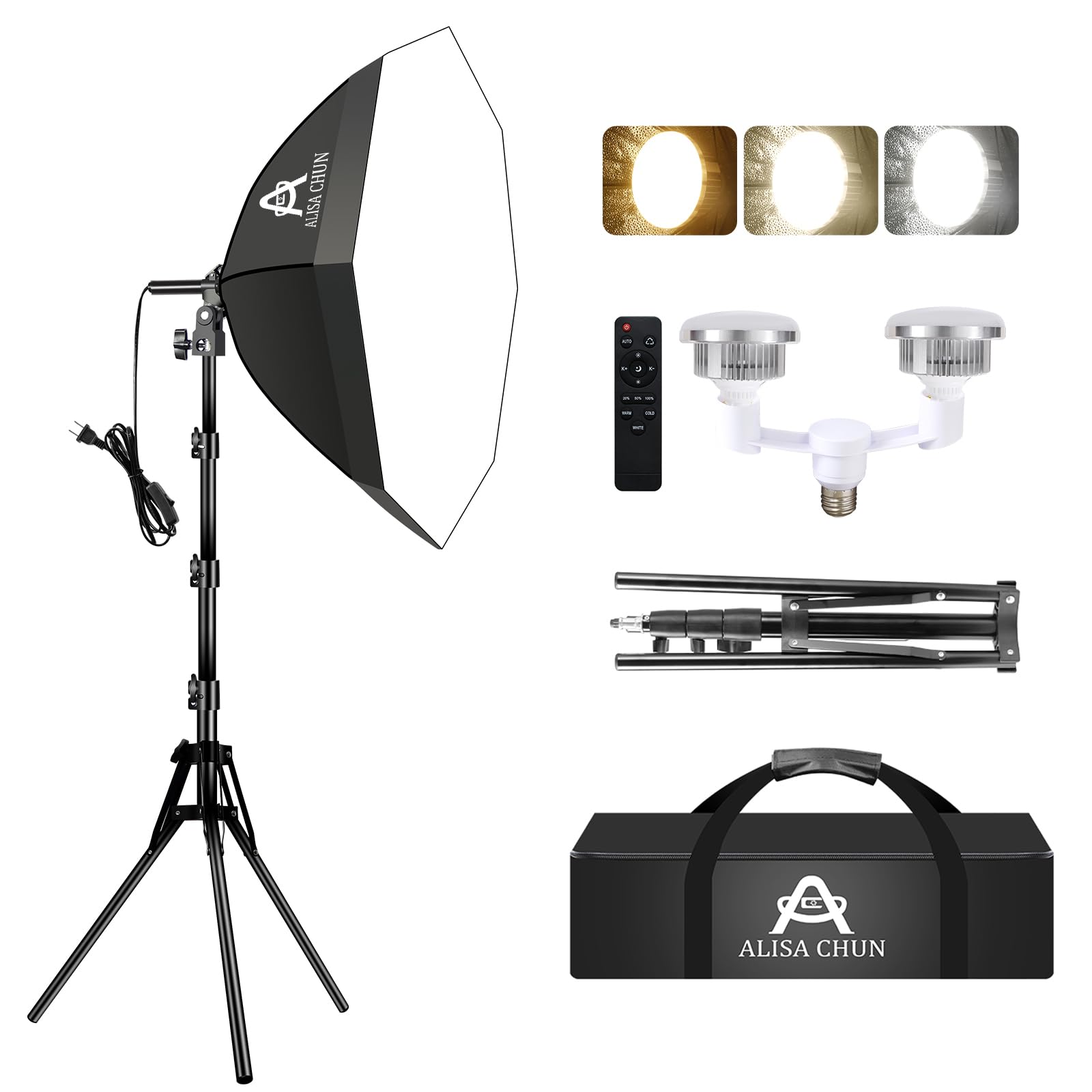 Softbox Photography Lighting Kit,22"X22" Soft Box Lighting Set with Double 85W 3000-7500K LED Bulbs，Photo Studio Equipment for Photography,Podcast Lighting，Shooting，Video Recording