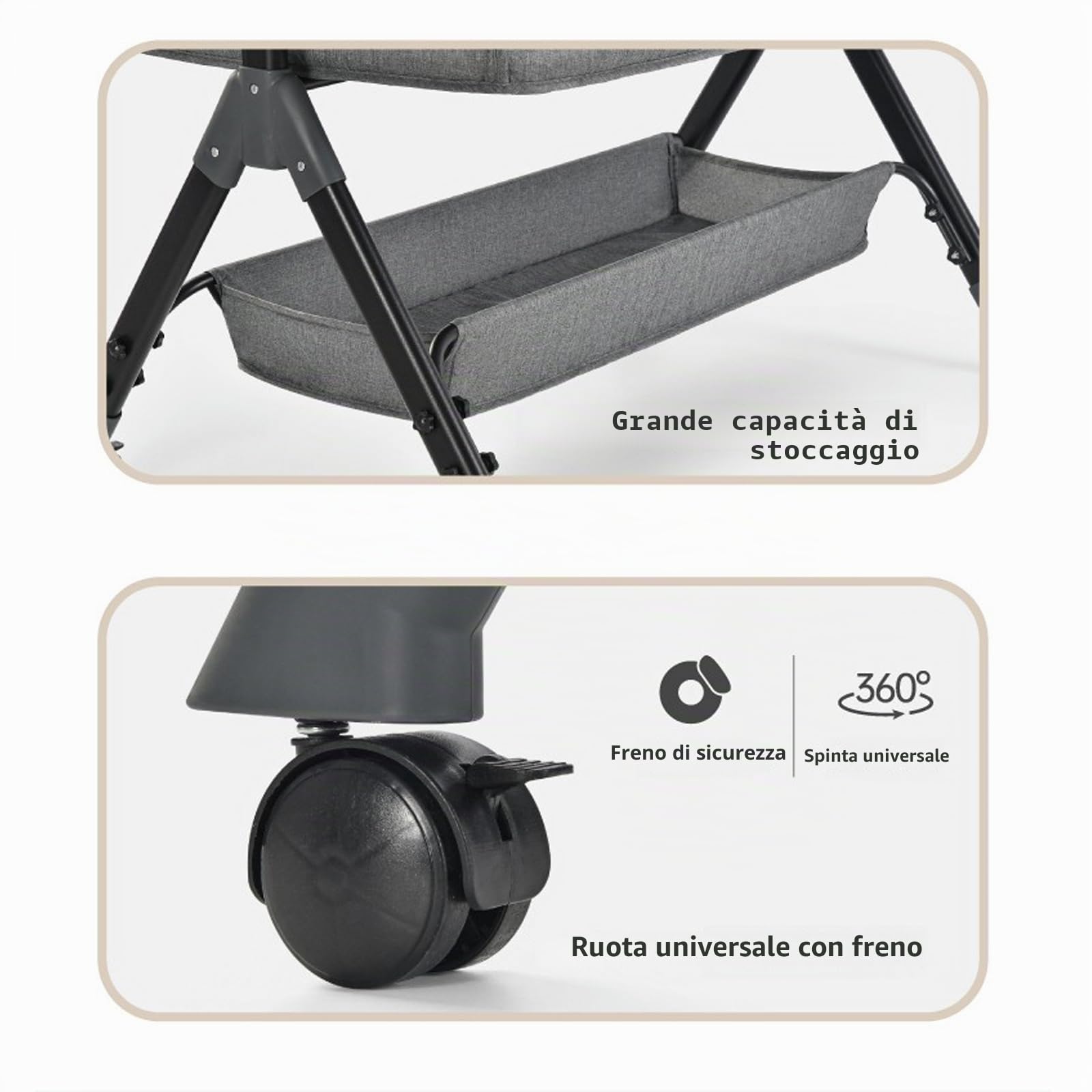 Lettino portatile da comodino, regolabile in altezza, con zanzariera, colore: grigio nero (grigio)