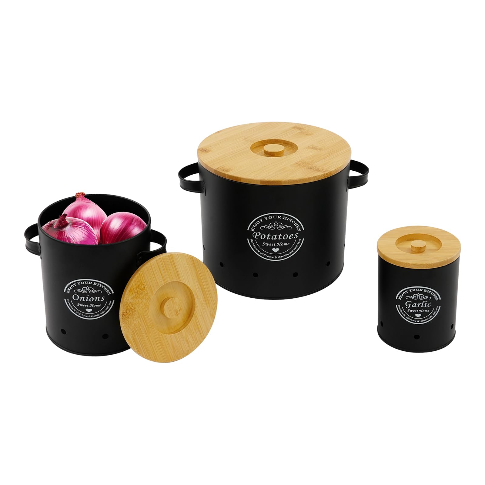 3er Set Aufbewahrung Kartoffeln Zwiebeln Knoblauch Kartoffel Aufbewahrungsbox mit Frischebelüftung Zwiebel Aufbewahrungbox mit Deckel & Griff Aufbewahrung Küche aus Kohlenstoffstahl，A，A