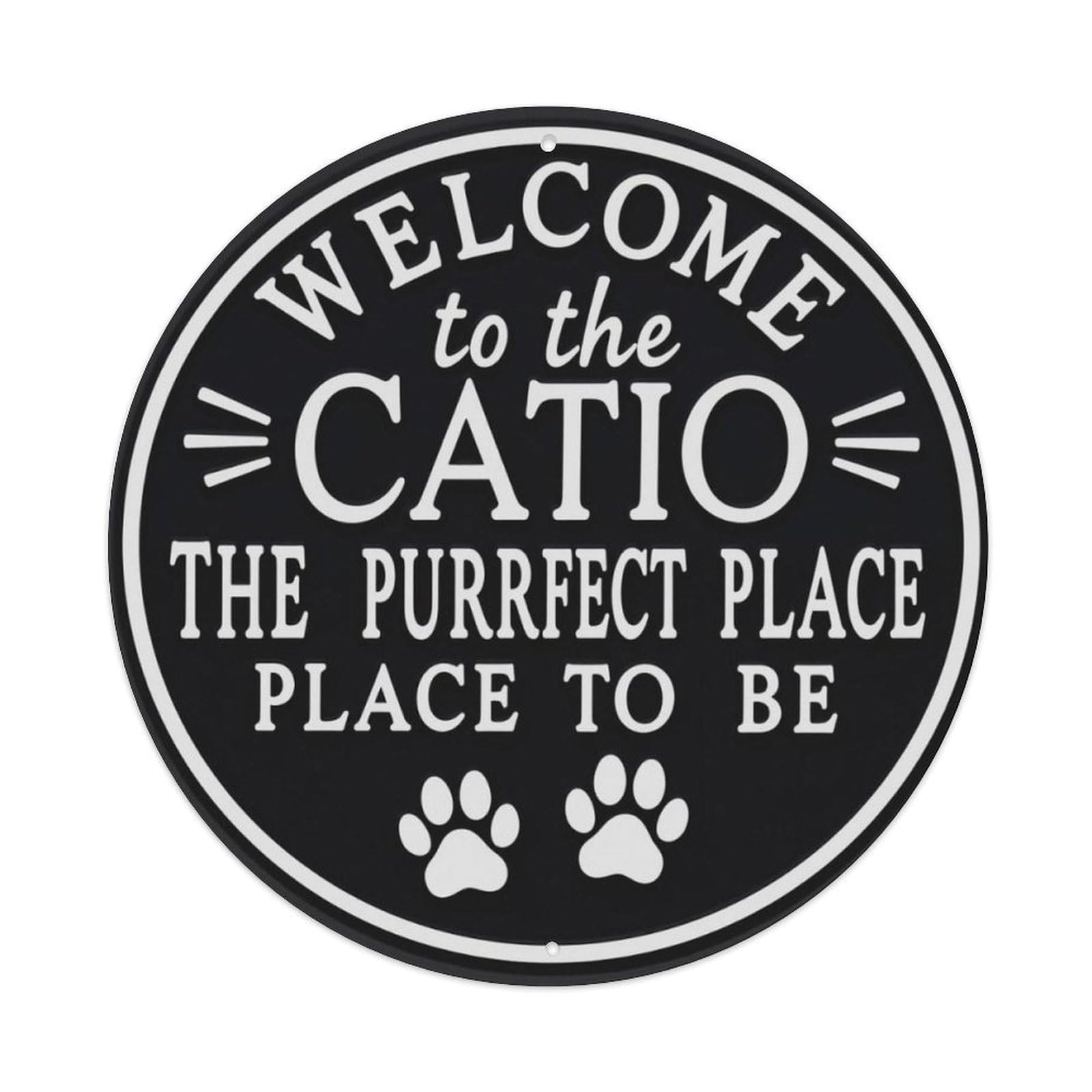 Black Cat Paw Catio Welcome Funny Round Decor Sign Vintage Aluminium Metal Sign, Retro Wall Decor for Home, Bar, Garage & Farmhouse 20x20cm