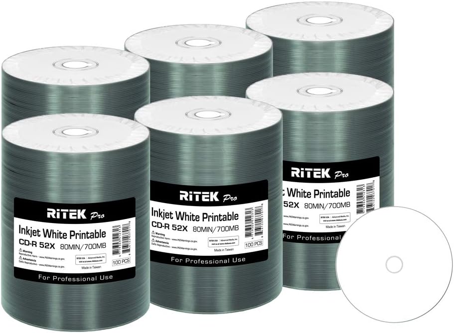 600 Pack Ritek Pro (Professional Grade) CD-R 52X 700MB White Inkjet Hub Printable Blank Media Recordable Disc