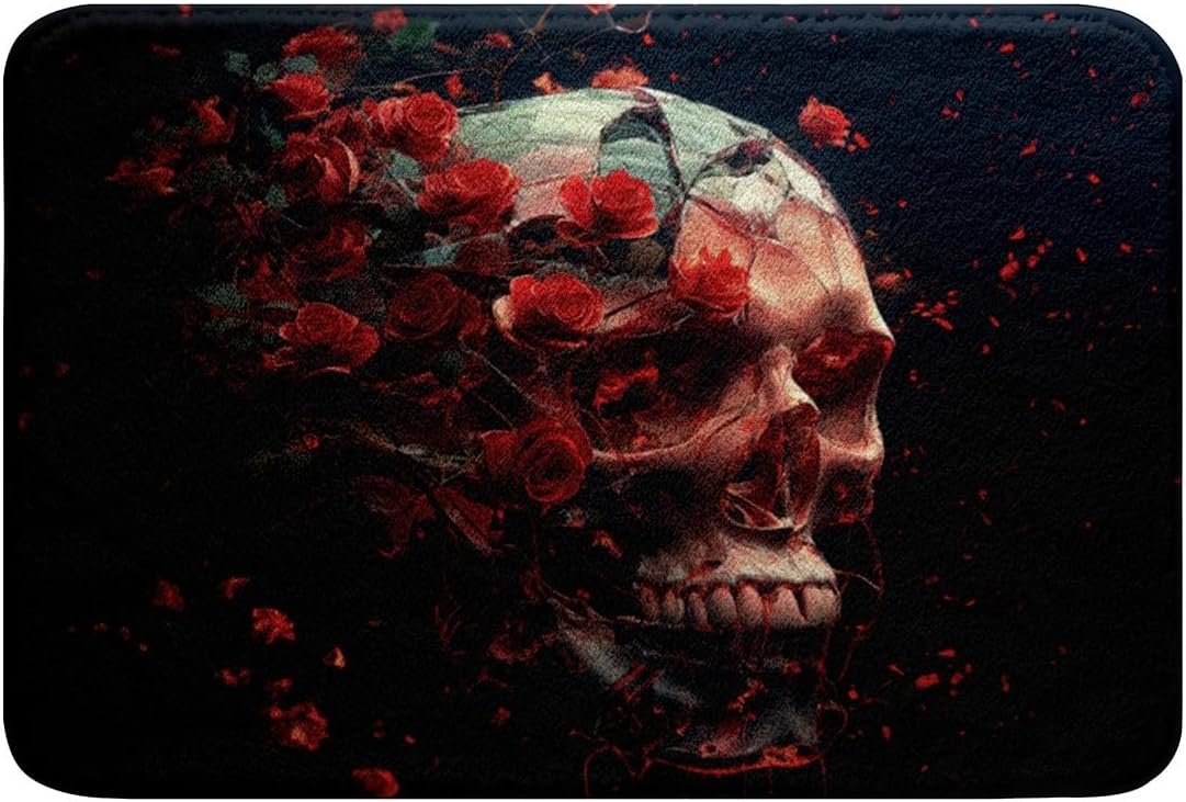 Erosebridal Gothic Skull Floral Bathroom Rug Set,Red Rose Flower Skull Bath Mat for Kids Adults,Goth Skeleton Bones Bath Rug Vintage Flowers Door Mat 16"x24"