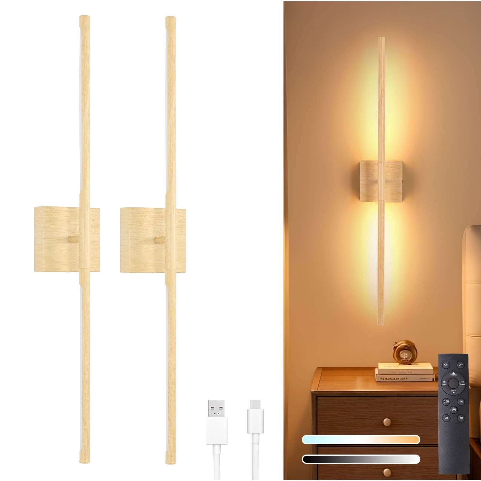 Shenmoyl Battery Operated Wall Sconce Set of 2, 10400mAh Rechargeable Wall Sconces, 3000K-6000K Dimmable, 350ï¿½Rotate, Indoor Wall Lights for Bedroom Living Room, Original Wood, 31.5 Inch
