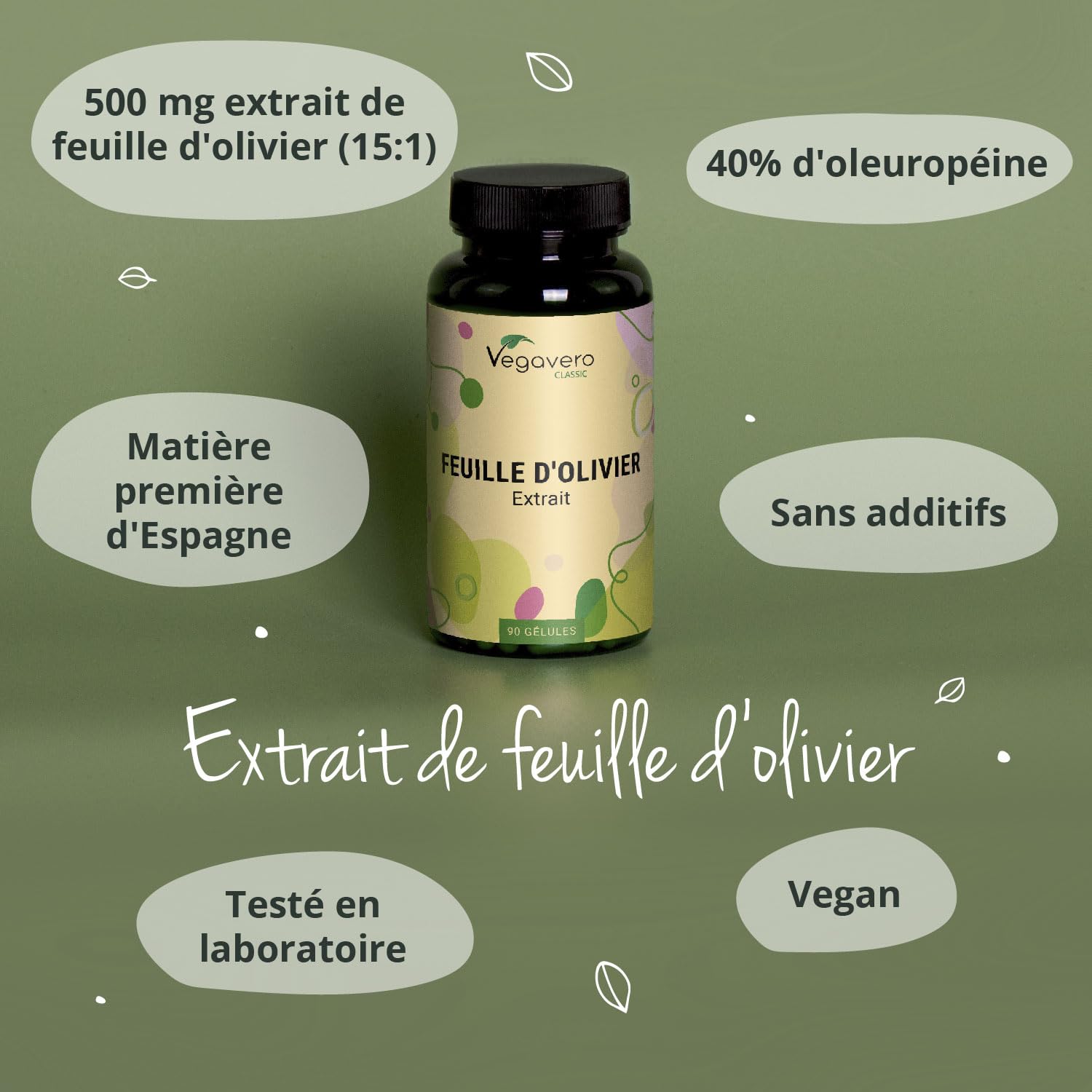 Extrait de Feuilles d'Olivier Vegavero® | 7500 mg avec 40% d'Oleuropéine | Sans Additifs | Antioxydant Puissant + Système cardiovasculaire + Tension | 90 Gélules | VEGAN